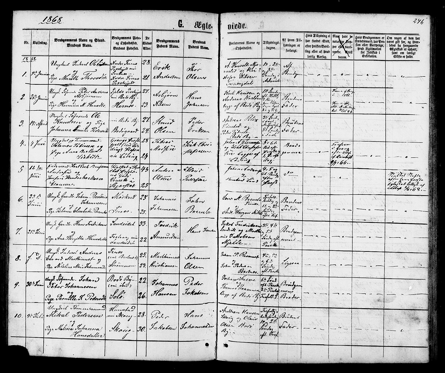 Ministerialprotokoller, klokkerbøker og fødselsregistre - Nordland, SAT/A-1459/801/L0029: Parish register (copy) no. 801C04, 1868-1878, p. 246
