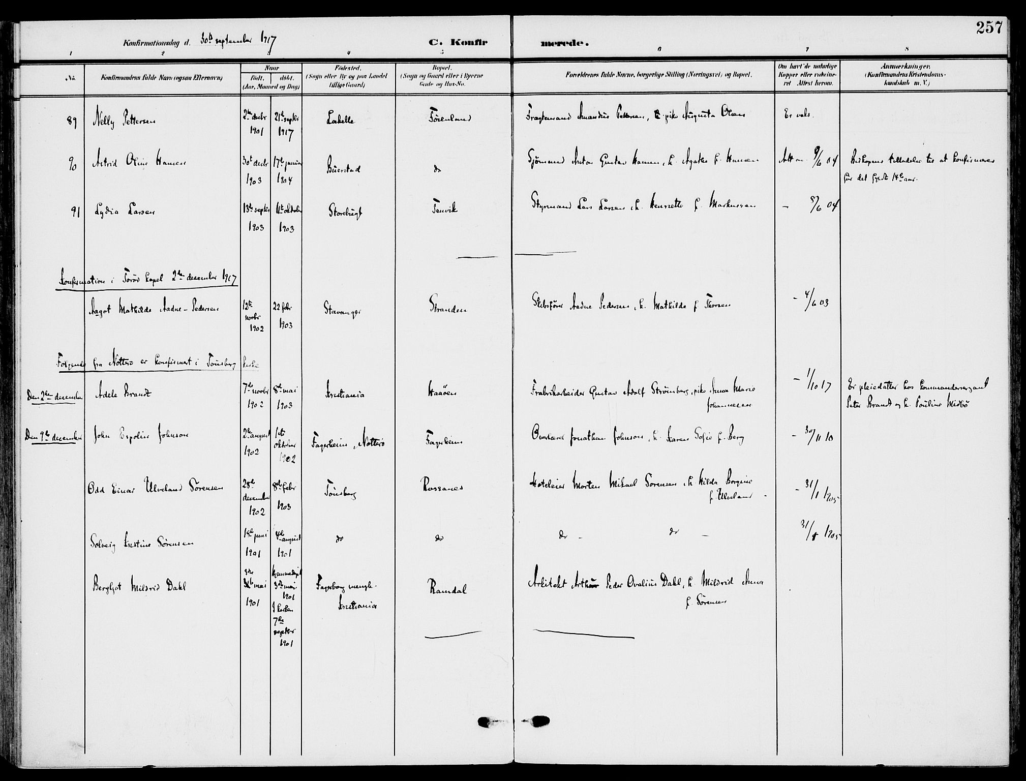 Nøtterøy kirkebøker, AV/SAKO-A-354/F/Fa/L0010: Parish register (official) no. I 10, 1908-1919, p. 257