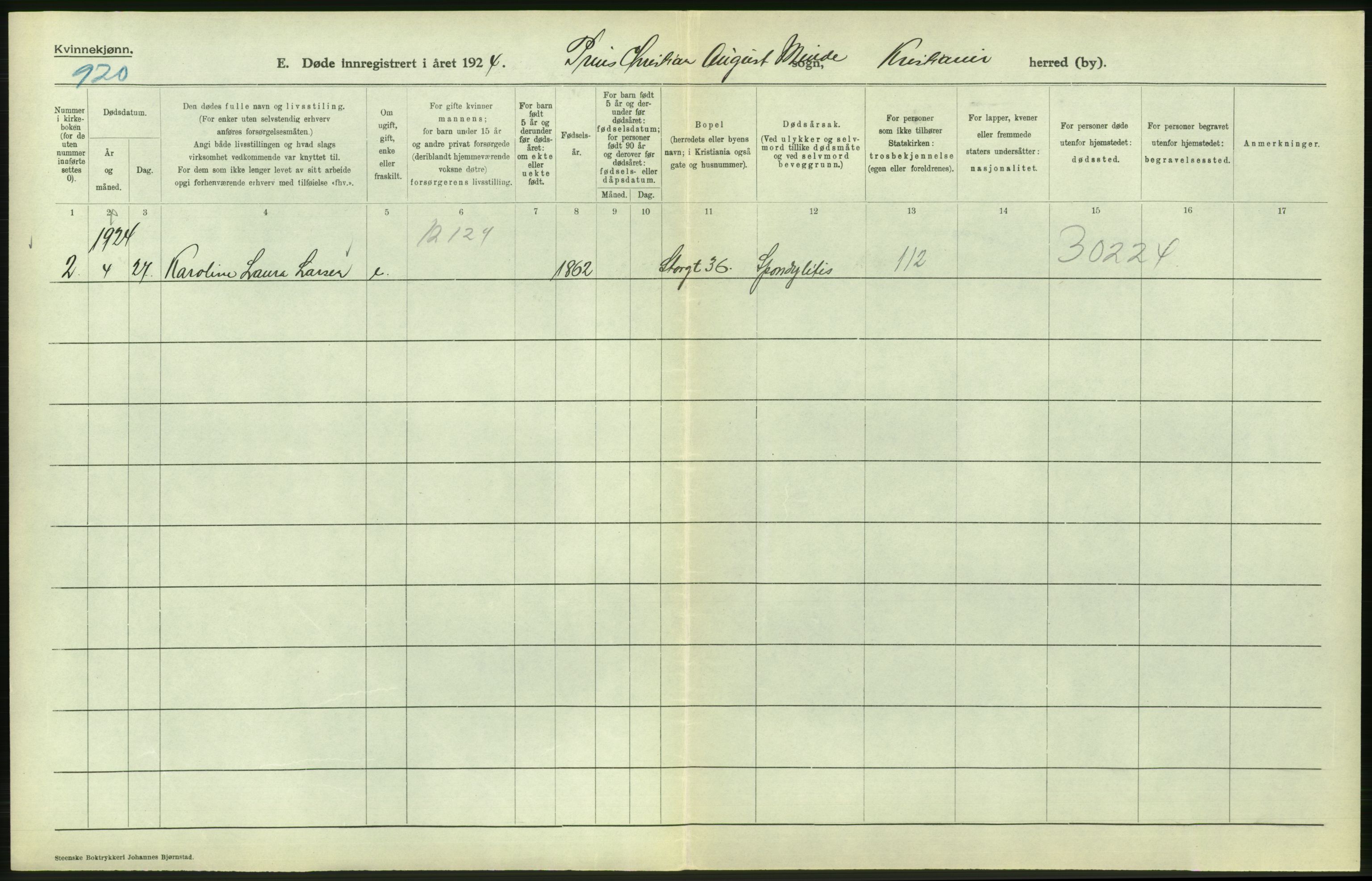 Statistisk sentralbyrå, Sosiodemografiske emner, Befolkning, AV/RA-S-2228/D/Df/Dfc/Dfcd/L0009: Kristiania: Døde kvinner, dødfødte, 1924, p. 556