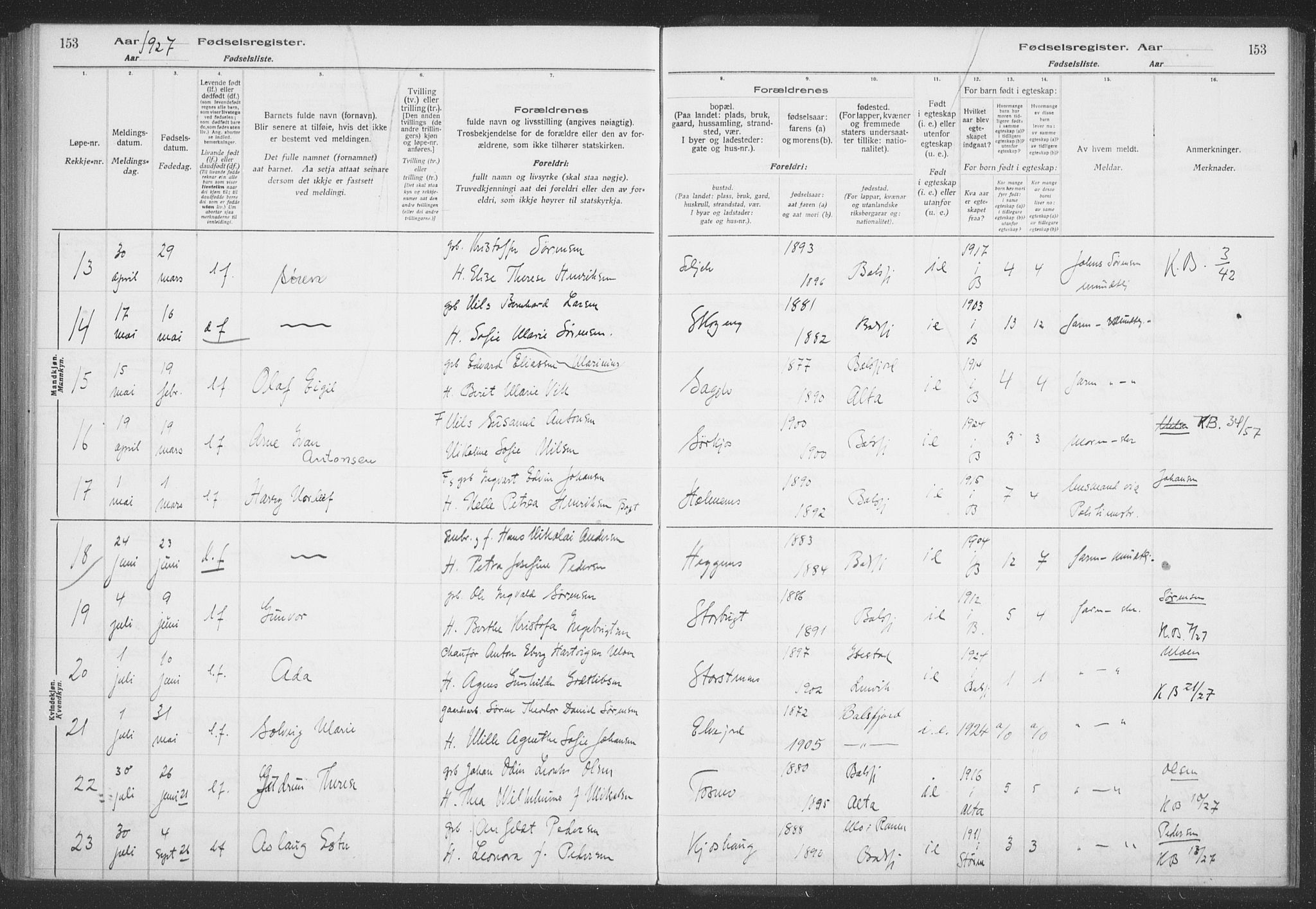 Balsfjord sokneprestembete, AV/SATØ-S-1303/H/Hb/L0059: Birth register no. 59, 1916-1930, p. 153