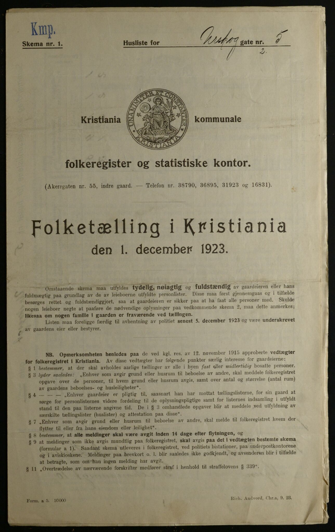 OBA, Municipal Census 1923 for Kristiania, 1923, p. 3192