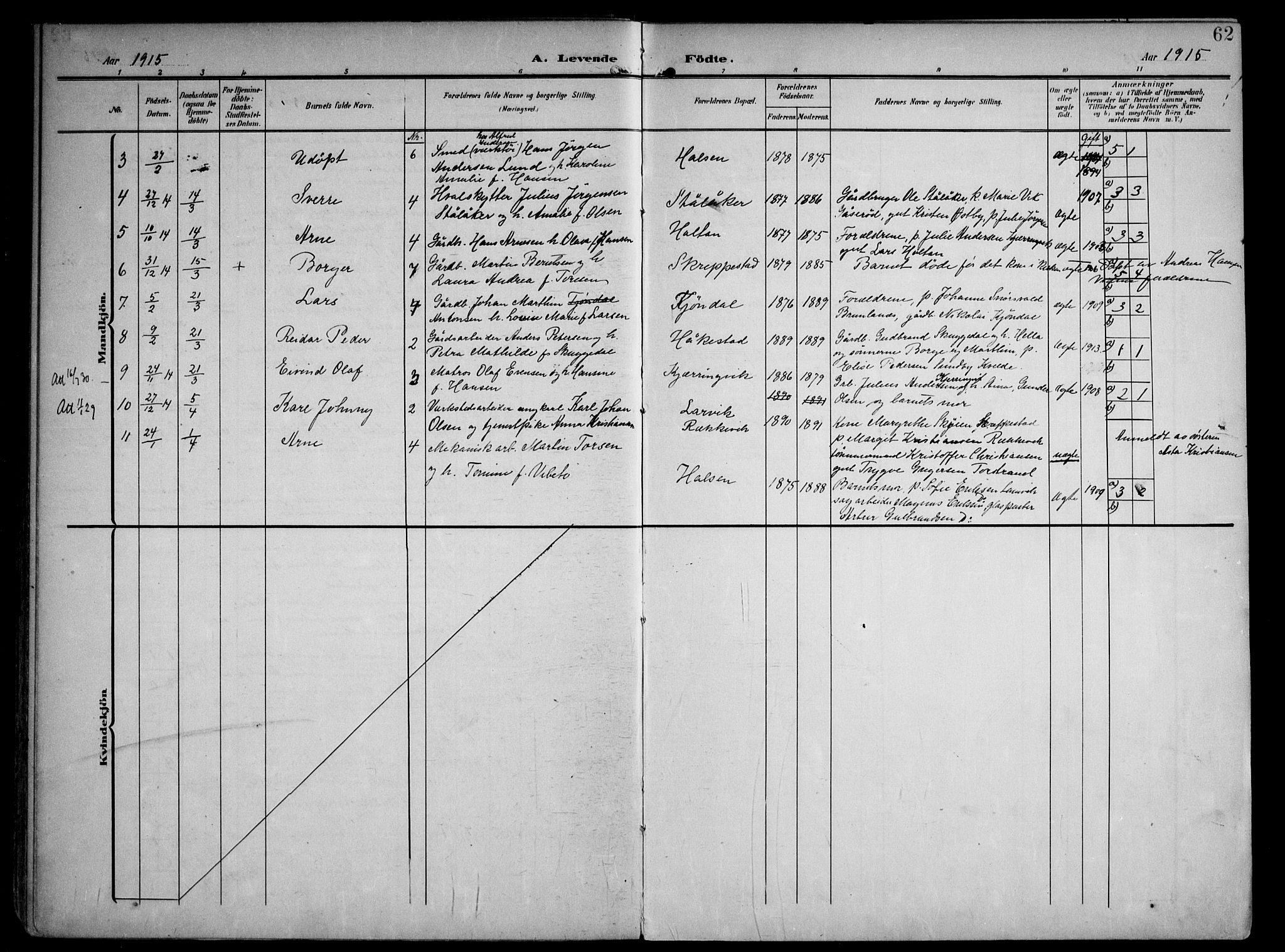 Tjølling kirkebøker, AV/SAKO-A-60/F/Fa/L0010: Parish register (official) no. 10, 1906-1923, p. 62