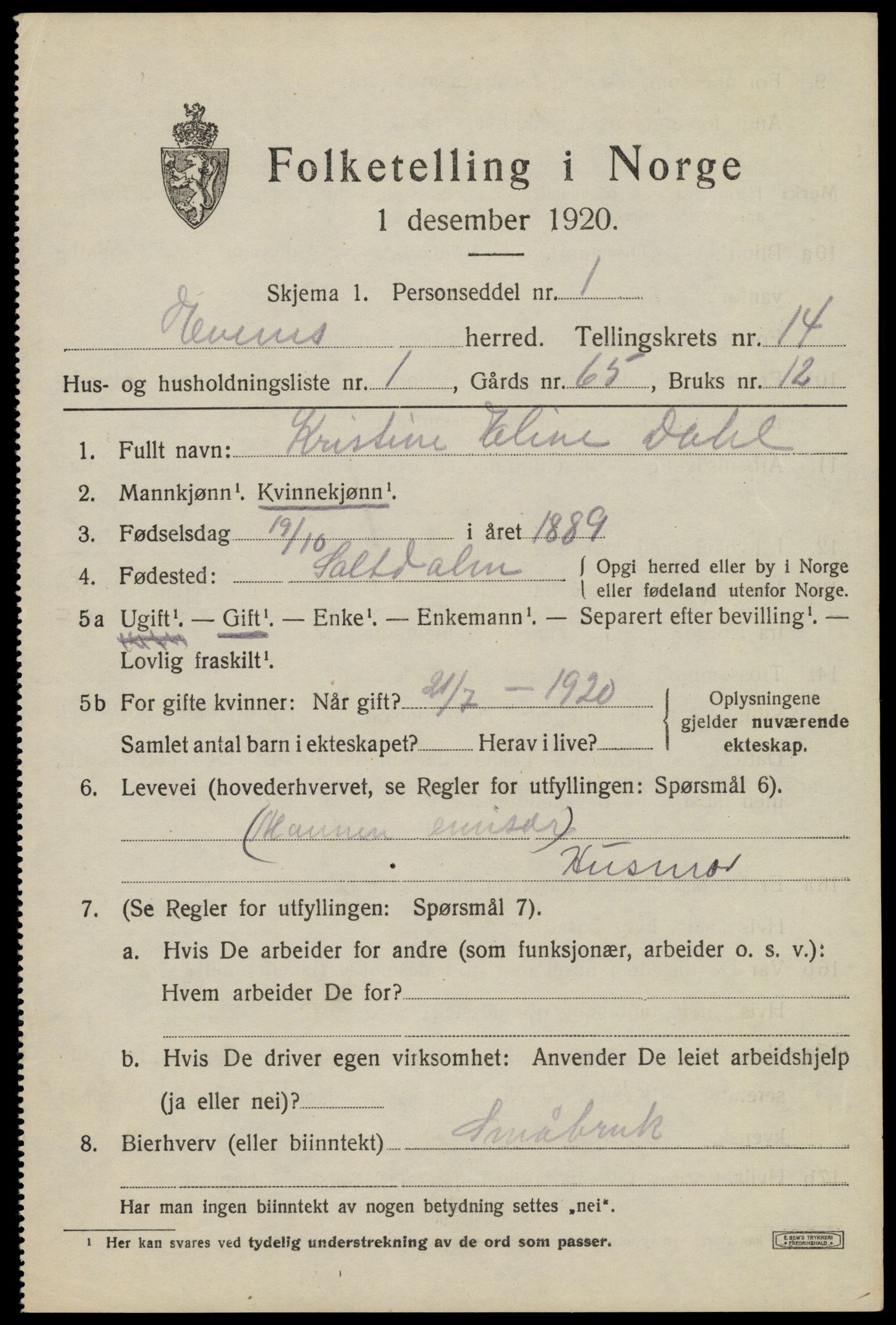 SAT, 1920 census for Evenes, 1920, p. 12198