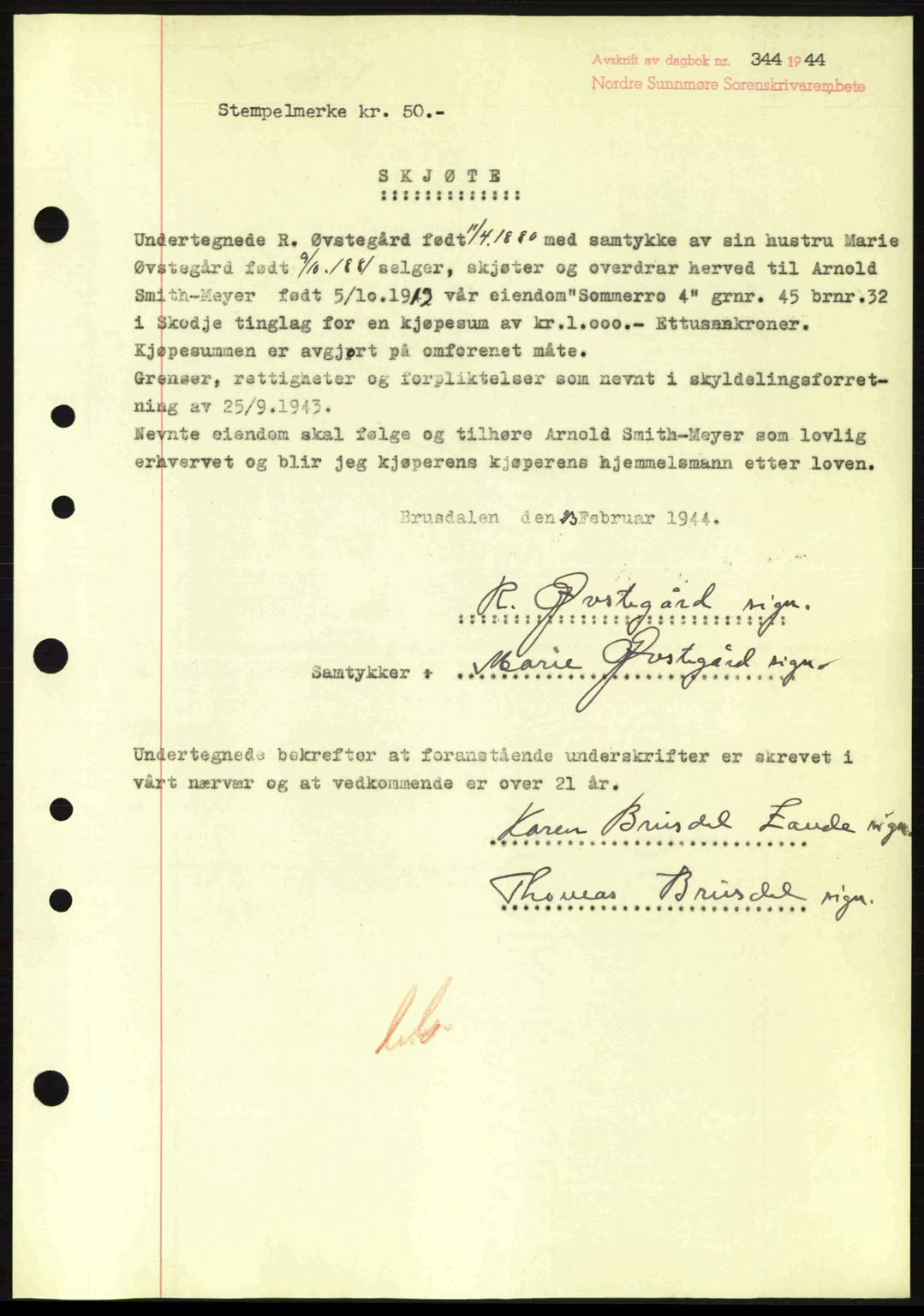 Nordre Sunnmøre sorenskriveri, AV/SAT-A-0006/1/2/2C/2Ca: Mortgage book no. A17, 1943-1944, Diary no: : 344/1944