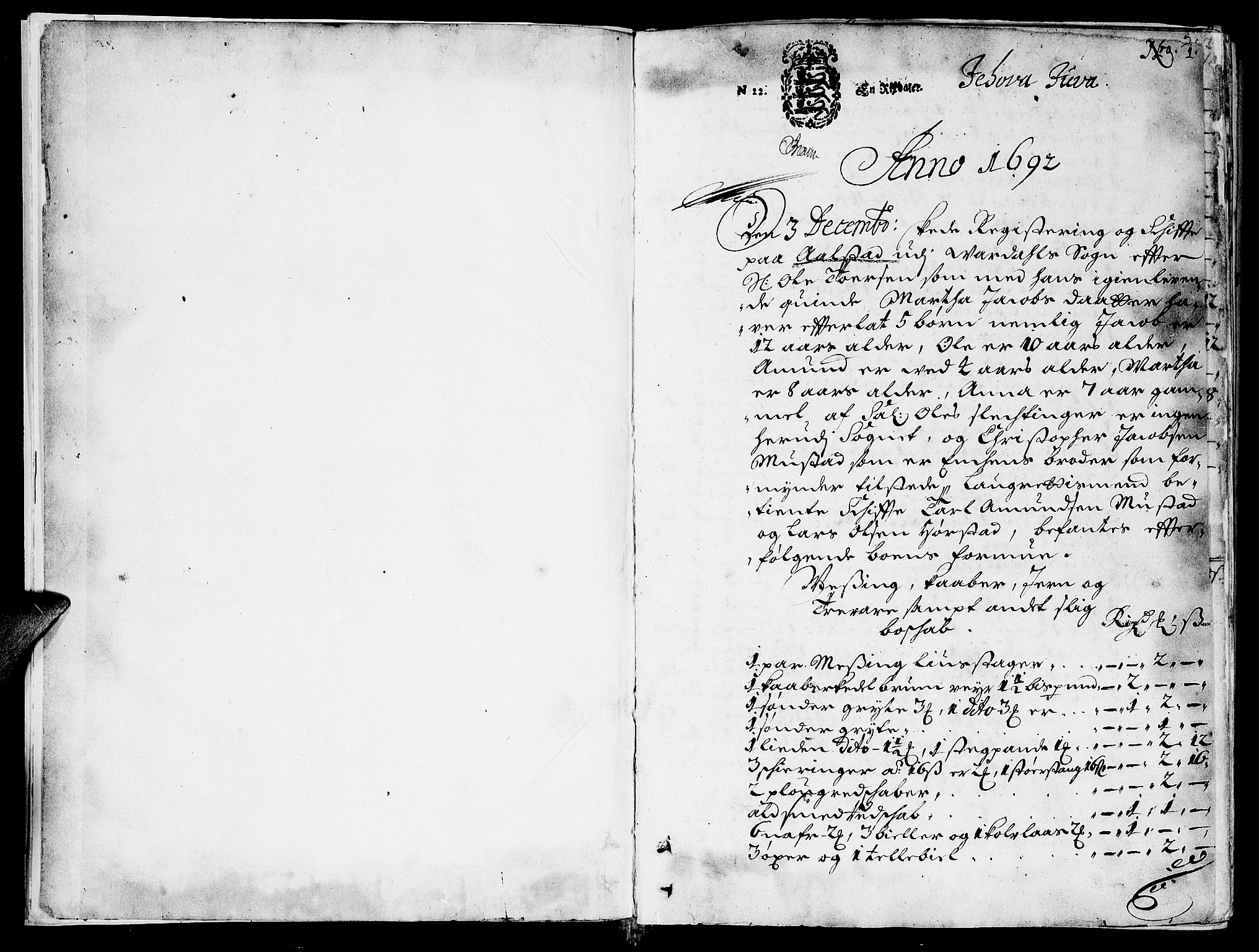 Toten tingrett, SAH/TING-006/J/Ja/L0004: Skifteprotokoll, 1692-1695, p. 1
