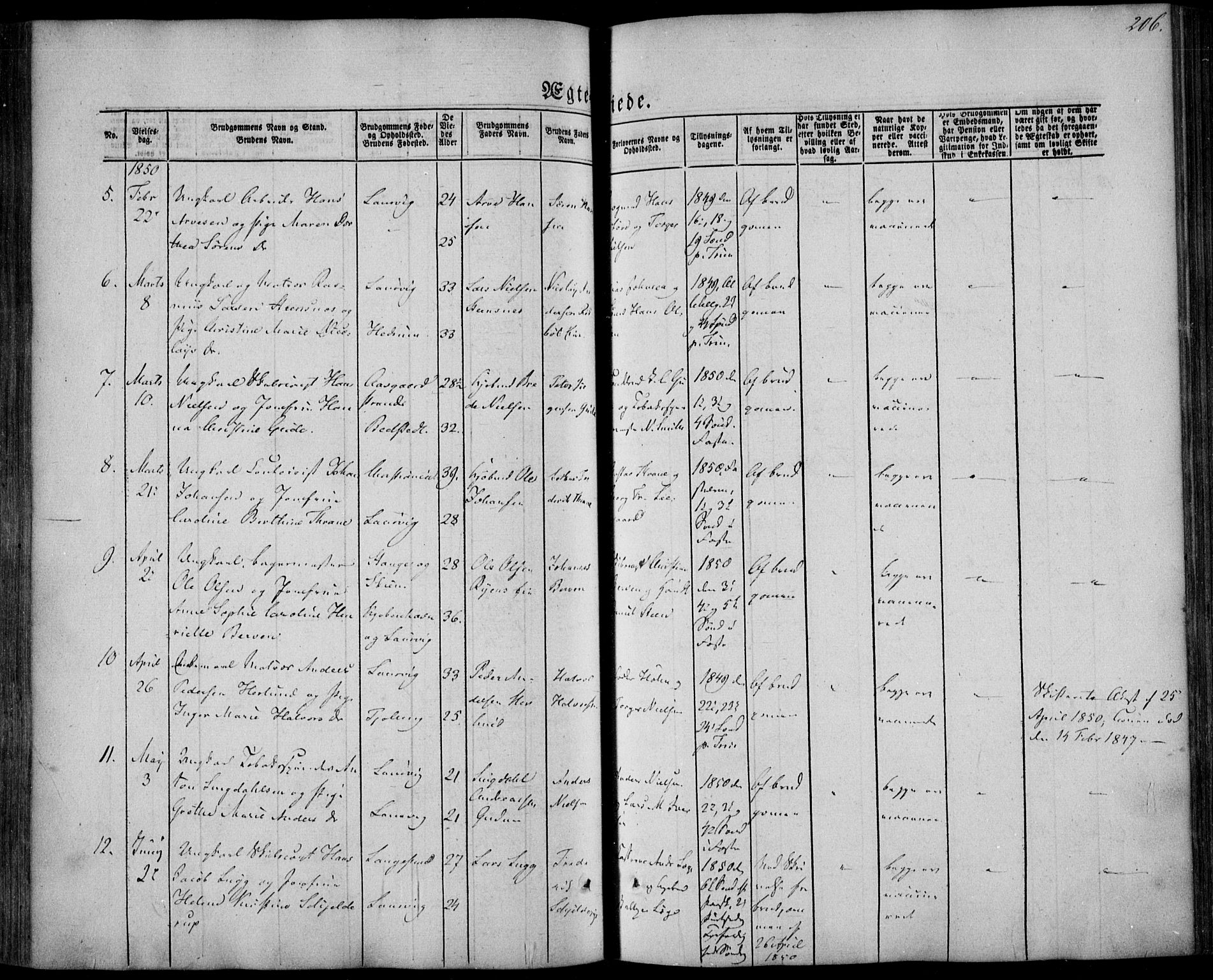 Larvik kirkebøker, AV/SAKO-A-352/F/Fa/L0003: Parish register (official) no. I 3, 1848-1856, p. 206