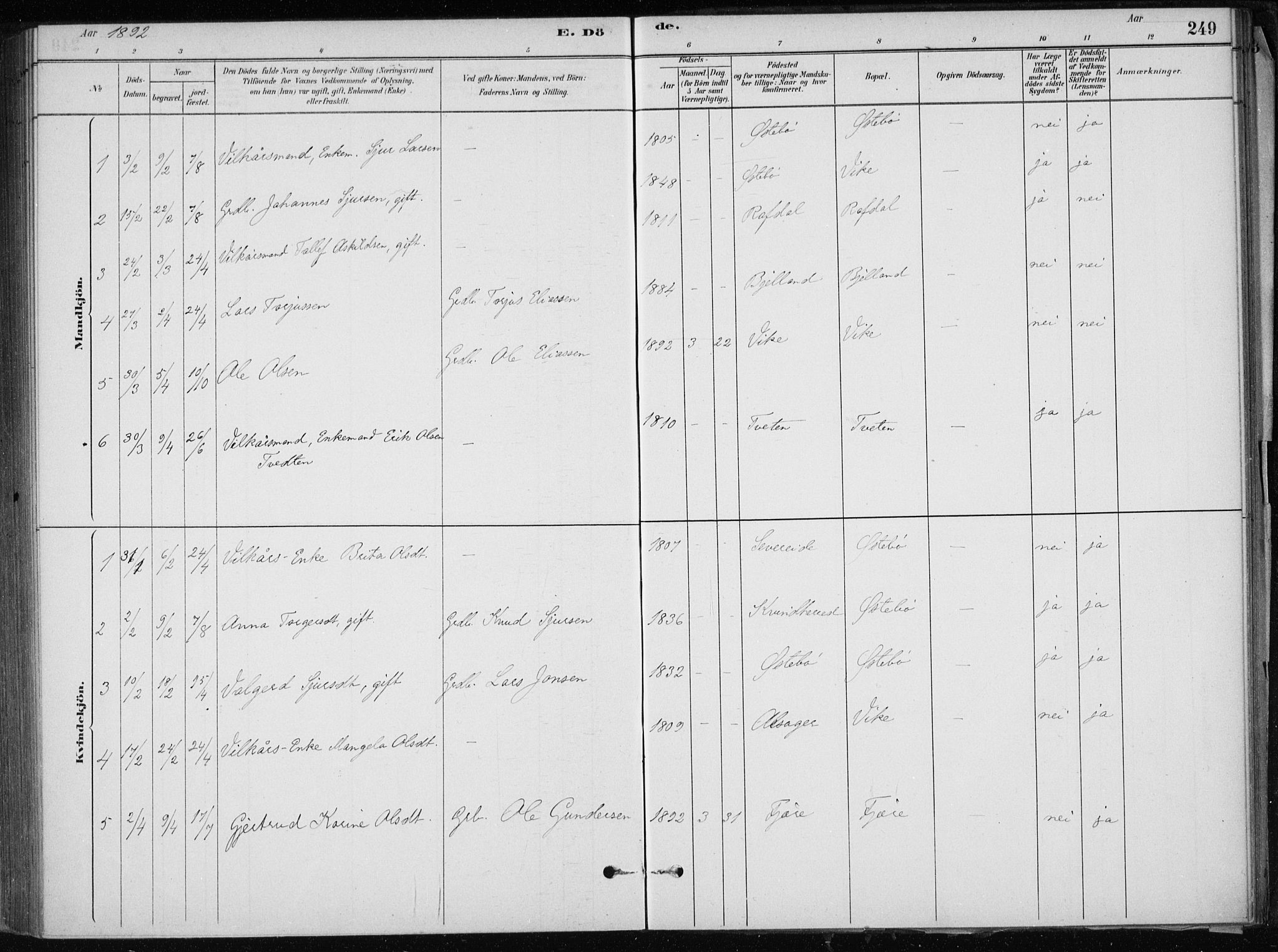 Skånevik sokneprestembete, SAB/A-77801/H/Haa: Parish register (official) no. E  1, 1879-1901, p. 249