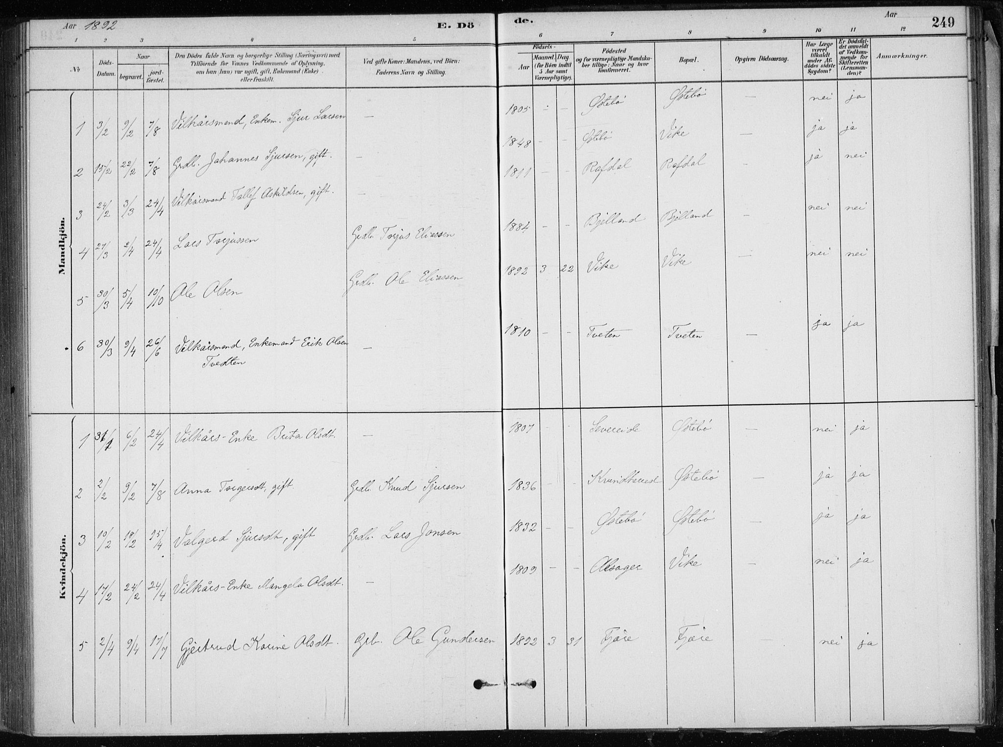 Skånevik sokneprestembete, AV/SAB-A-77801/H/Haa: Parish register (official) no. E  1, 1879-1901, p. 249