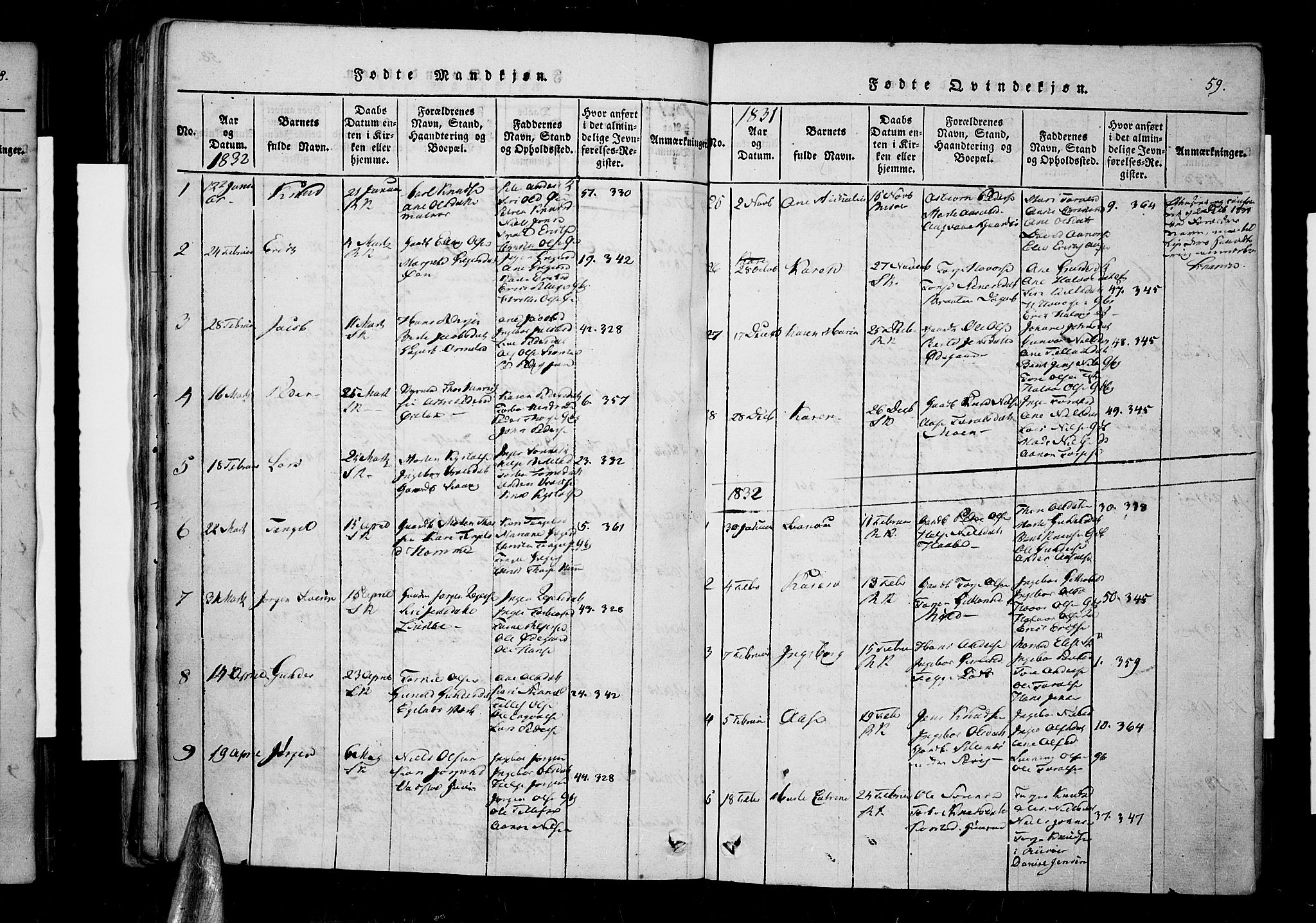 Søndeled sokneprestkontor, SAK/1111-0038/F/Fa/L0001: Parish register (official) no. A 1, 1816-1838, p. 59