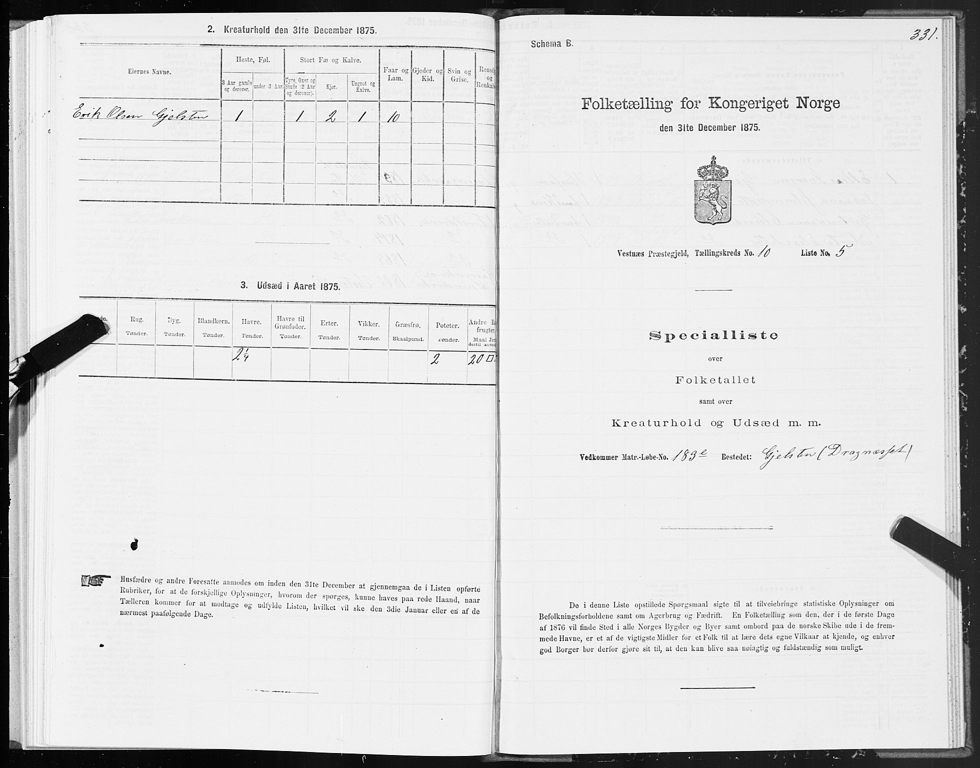 SAT, 1875 census for 1535P Vestnes, 1875, p. 3331