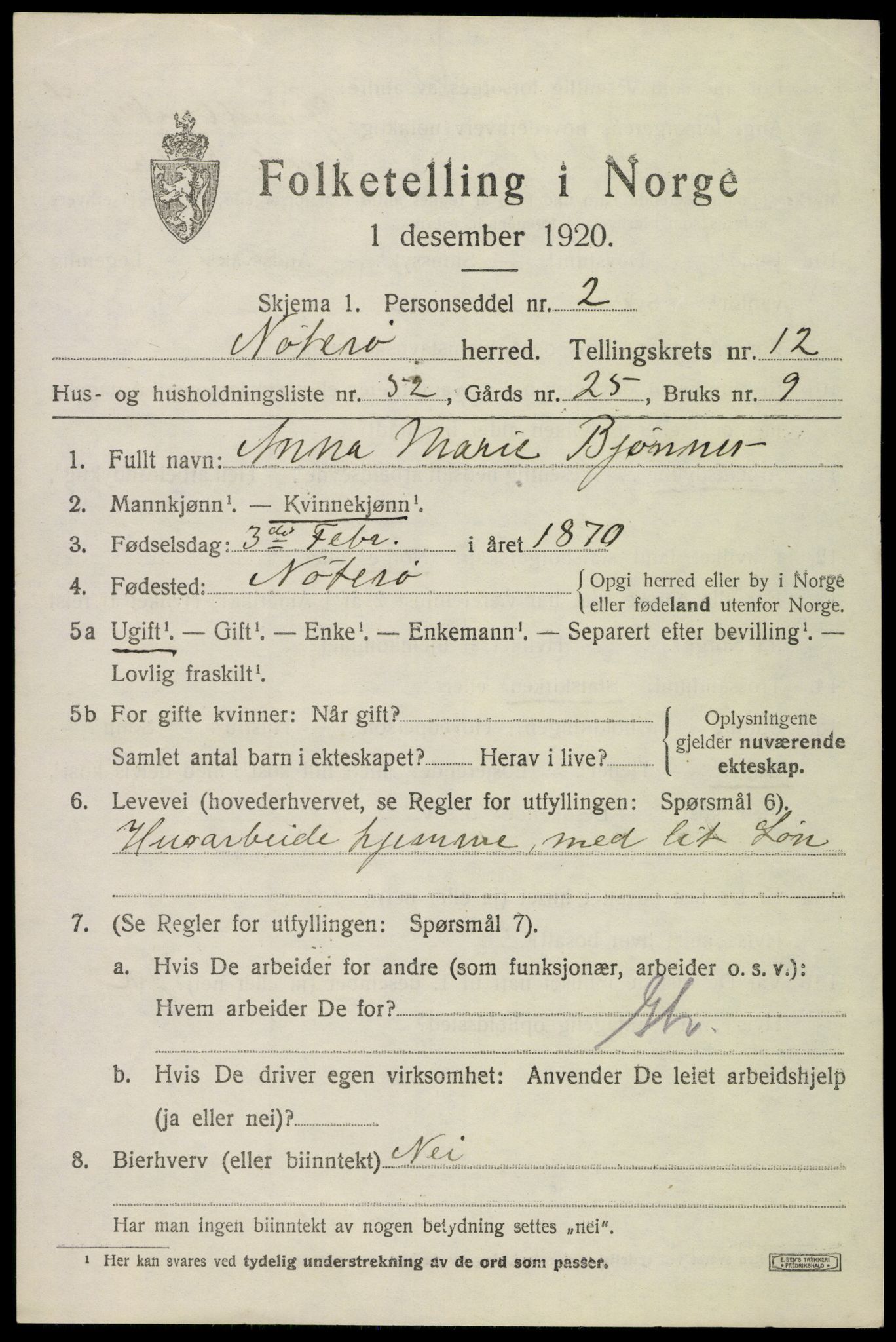 SAKO, 1920 census for Nøtterøy, 1920, p. 15169