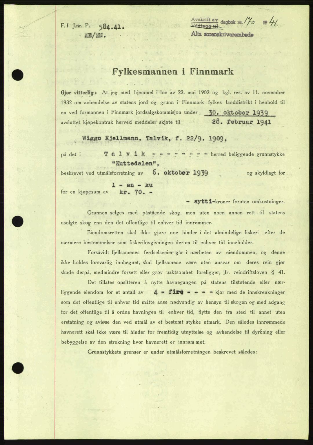 Alta fogderi/sorenskriveri, SATØ/SATØ-5/1/K/Kd/L0033pantebok: Mortgage book no. 33, 1940-1943, Diary no: : 170/1941