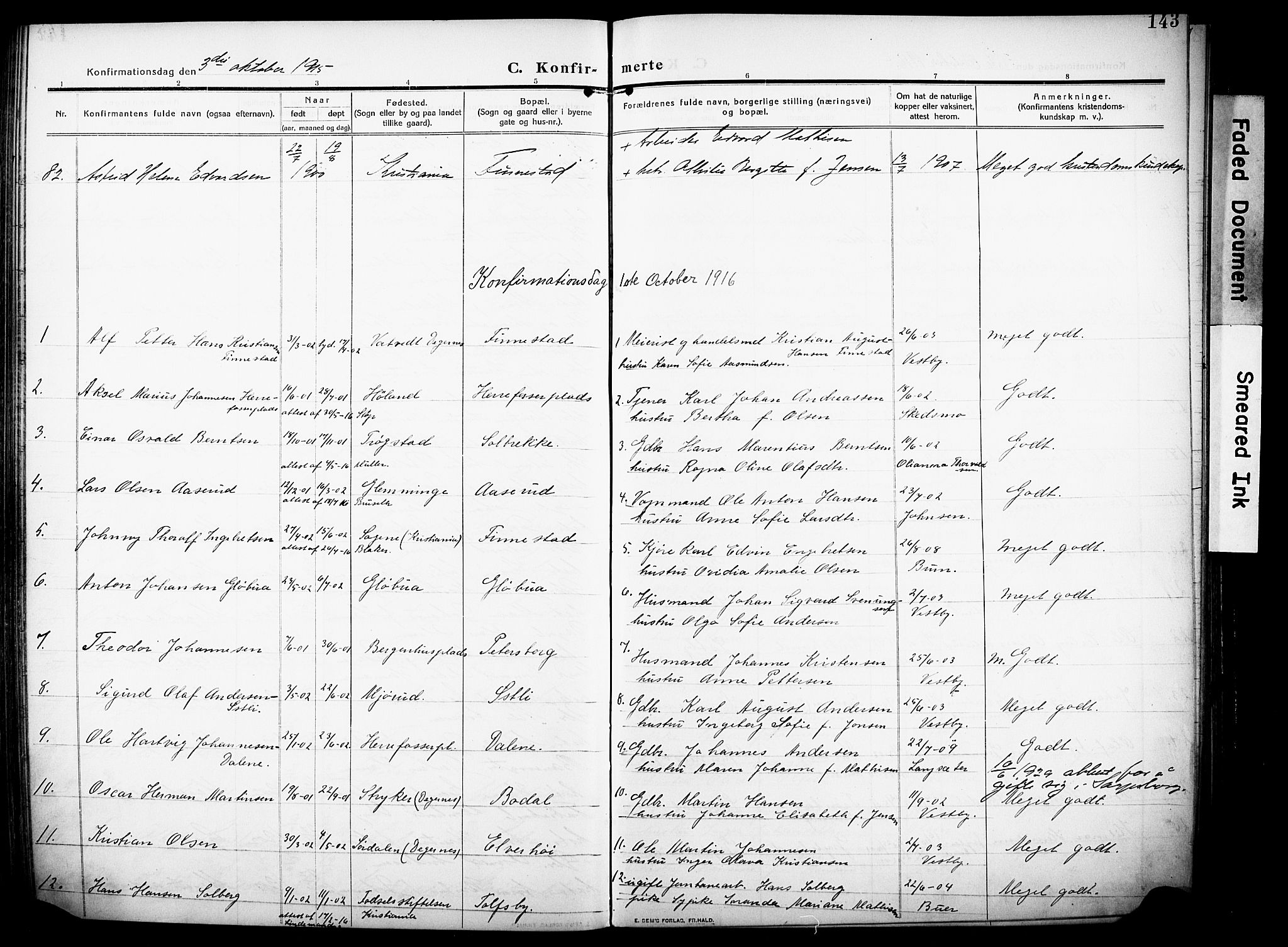 Rakkestad prestekontor Kirkebøker, AV/SAO-A-2008/F/Fa/L0015: Parish register (official) no. I 15, 1909-1922, p. 143