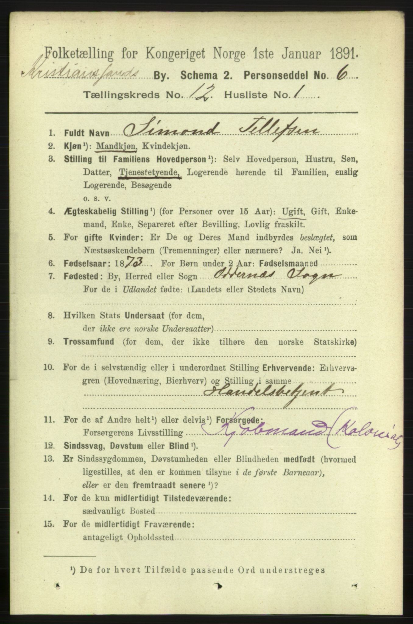 RA, 1891 census for 1001 Kristiansand, 1891, p. 6007