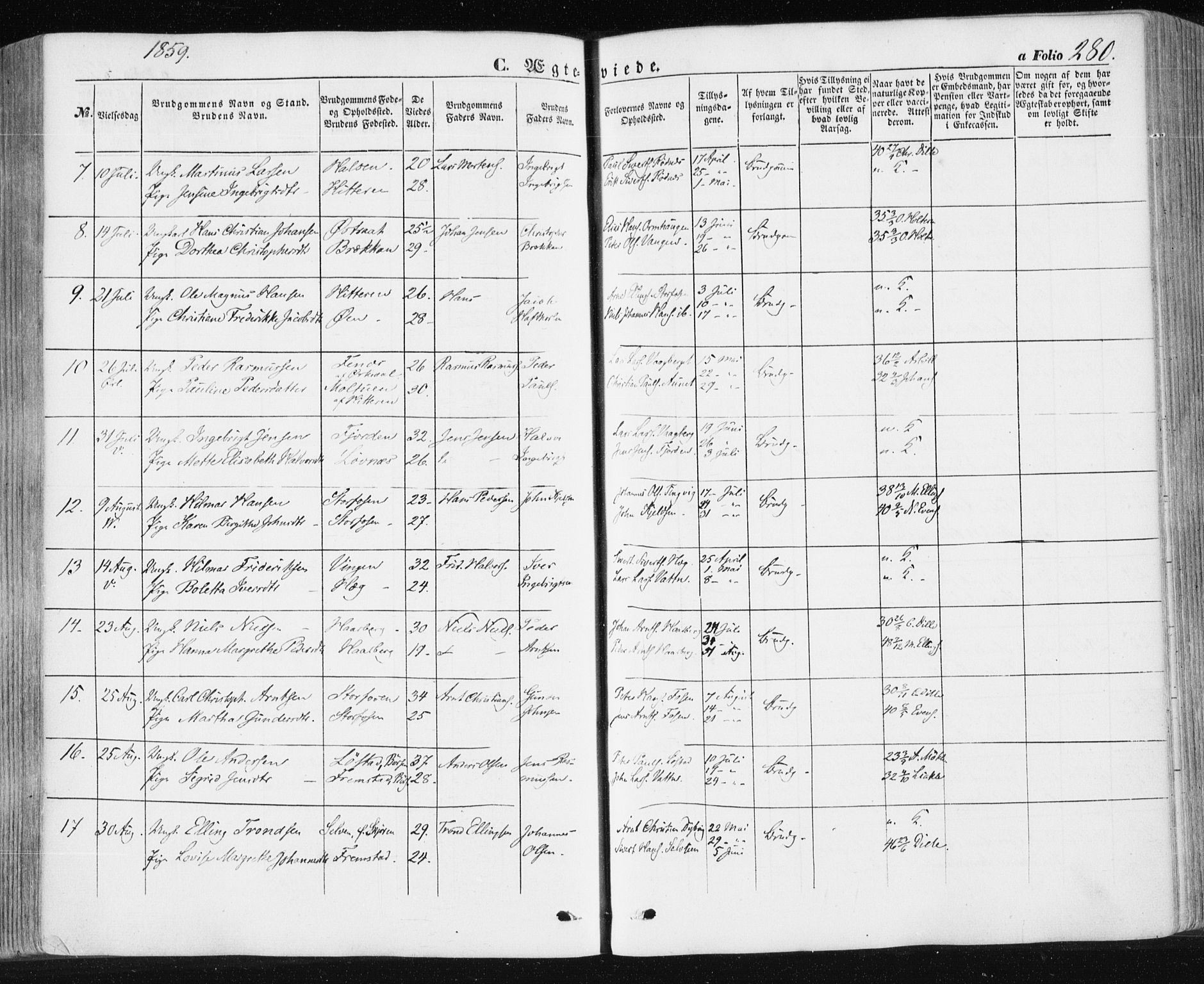 Ministerialprotokoller, klokkerbøker og fødselsregistre - Sør-Trøndelag, SAT/A-1456/659/L0737: Parish register (official) no. 659A07, 1857-1875, p. 280