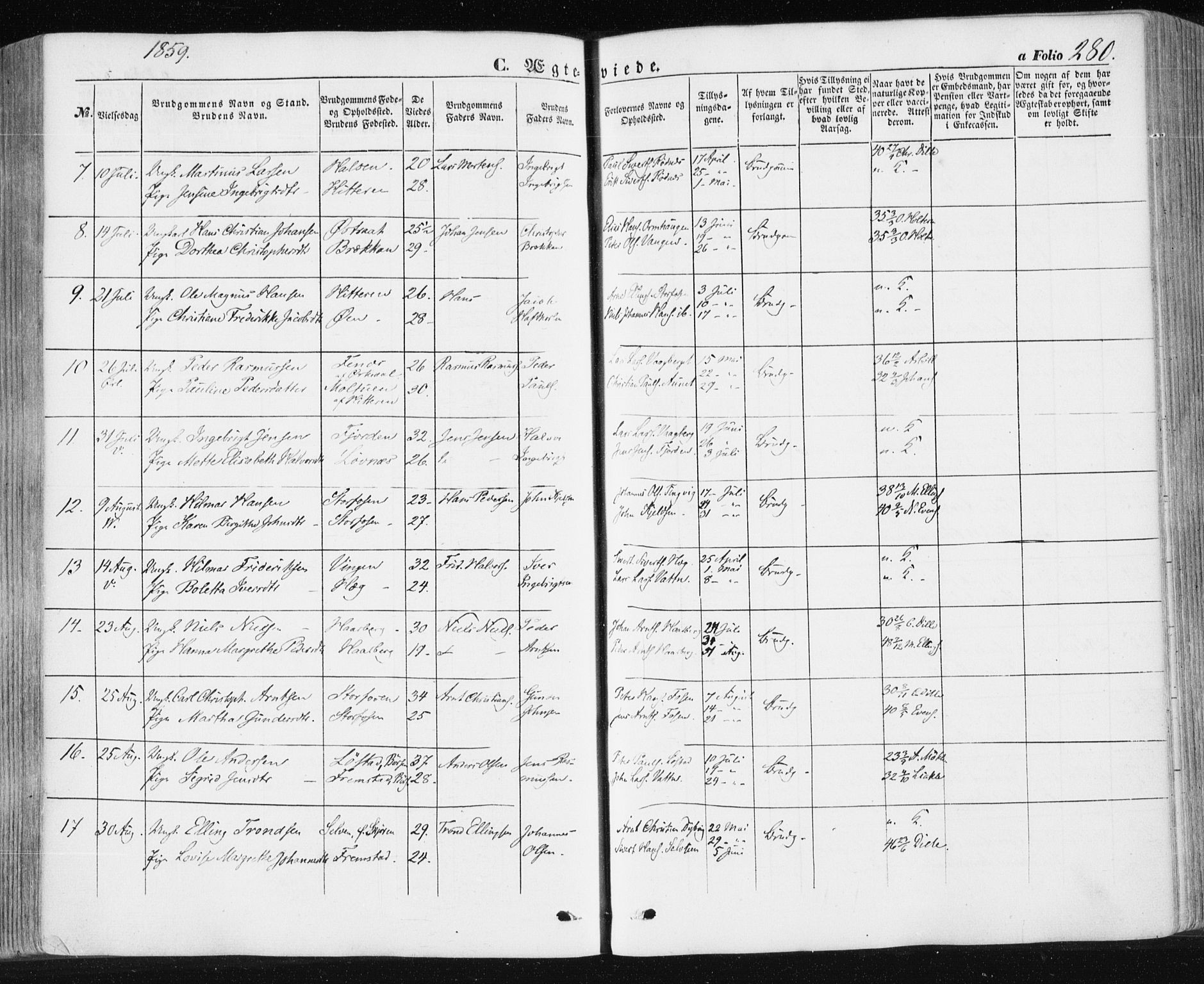 Ministerialprotokoller, klokkerbøker og fødselsregistre - Sør-Trøndelag, AV/SAT-A-1456/659/L0737: Parish register (official) no. 659A07, 1857-1875, p. 280