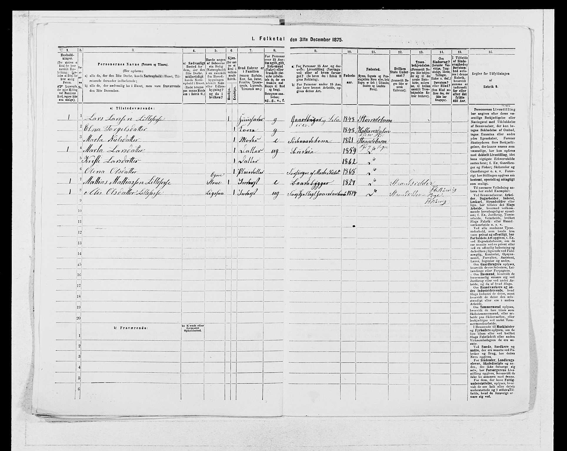 SAB, 1875 census for 1226P Strandebarm, 1875, p. 170