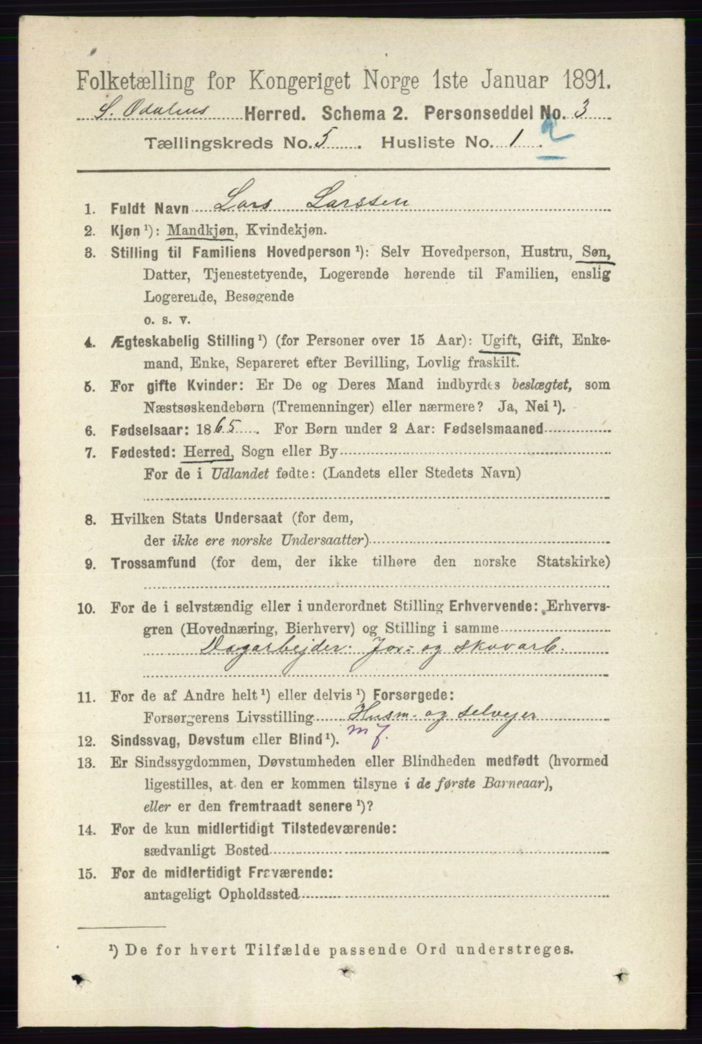 RA, 1891 census for 0419 Sør-Odal, 1891, p. 2332