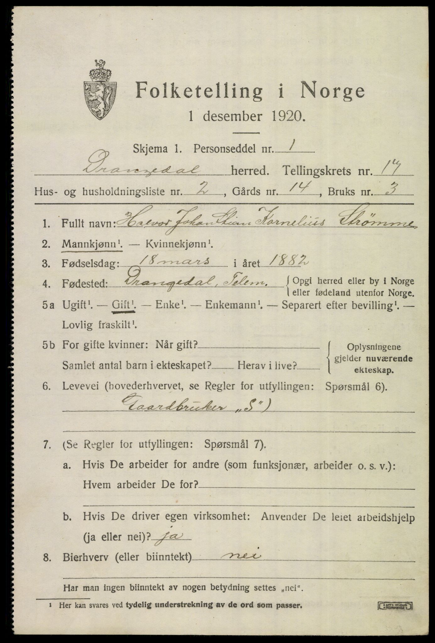 SAKO, 1920 census for Drangedal, 1920, p. 7973