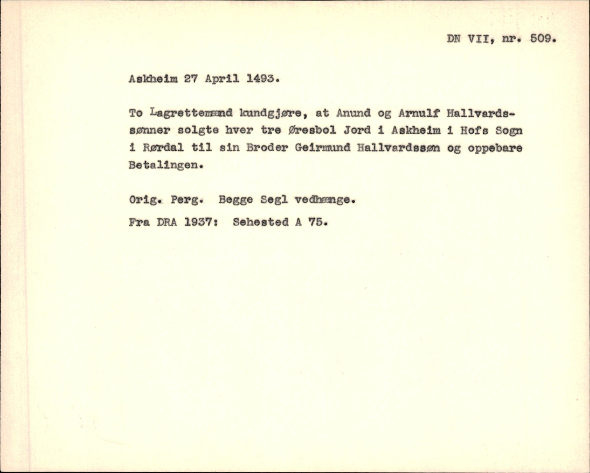 Riksarkivets diplomsamling, AV/RA-EA-5965/F35/F35f/L0001: Regestsedler: Diplomer fra DRA 1937 og 1996, p. 377