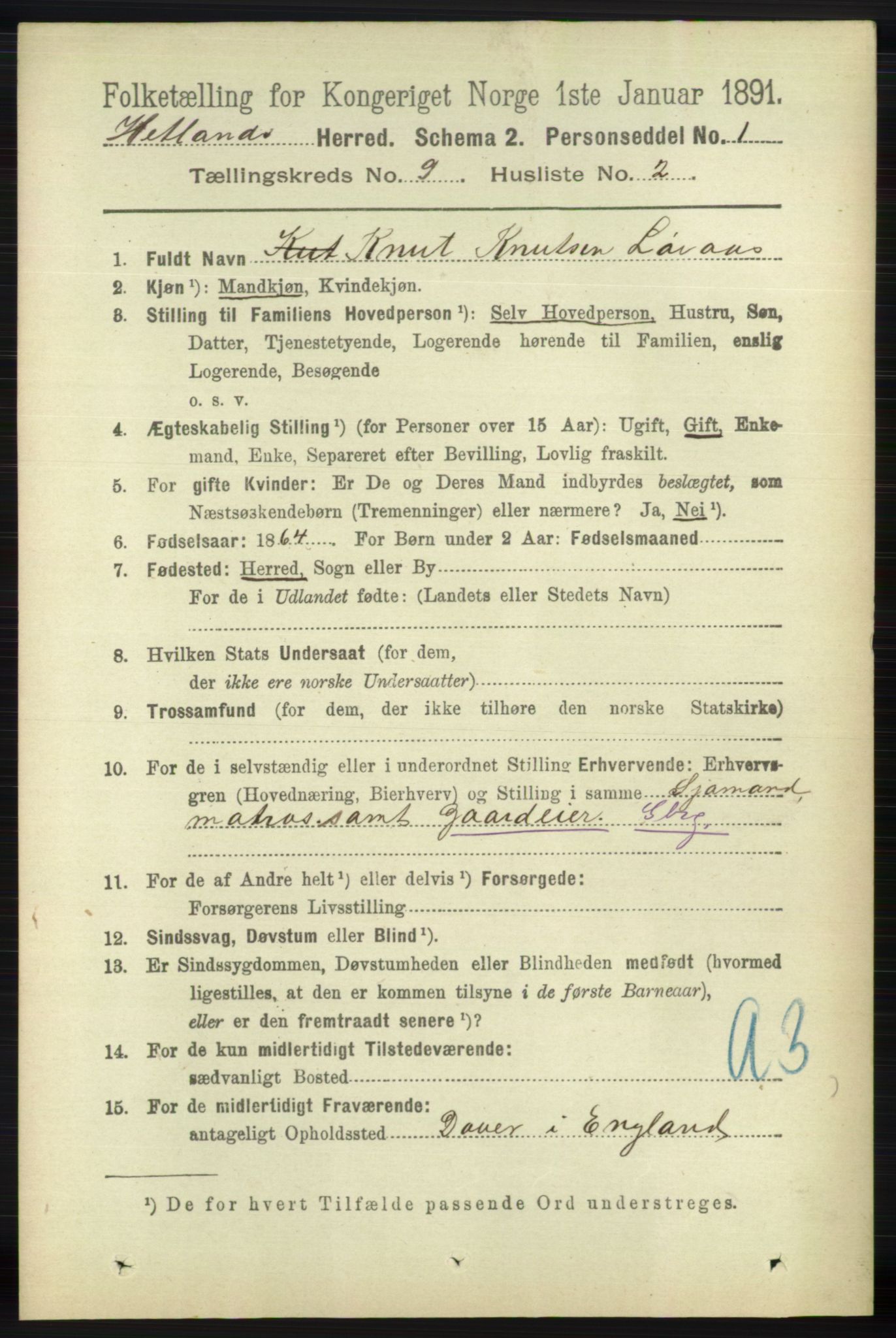 RA, 1891 census for 1126 Hetland, 1891, p. 5114