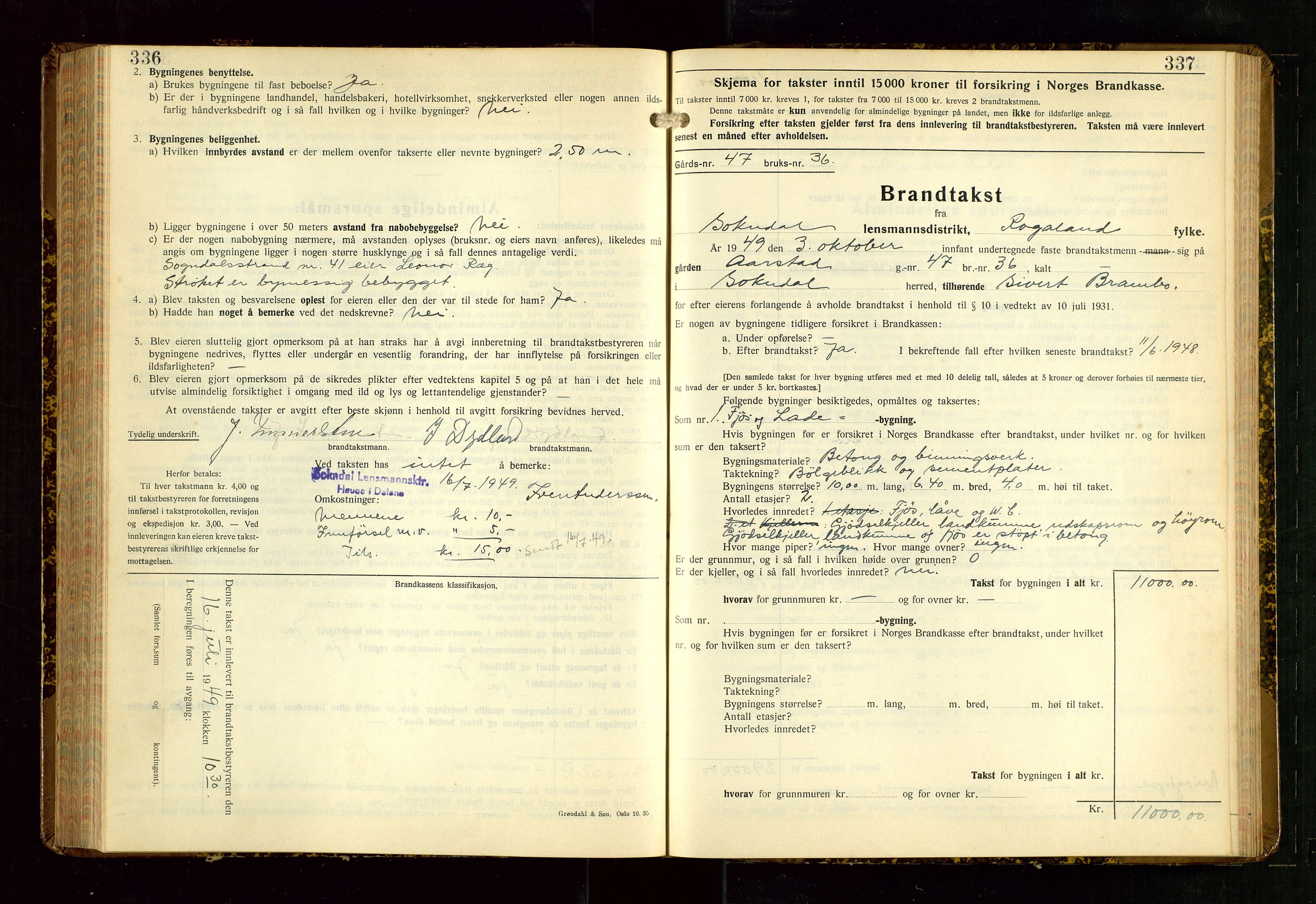 Sokndal lensmannskontor, AV/SAST-A-100417/Gob/L0008: "Brandtakst-Protokoll", 1937-1955, p. 336-337