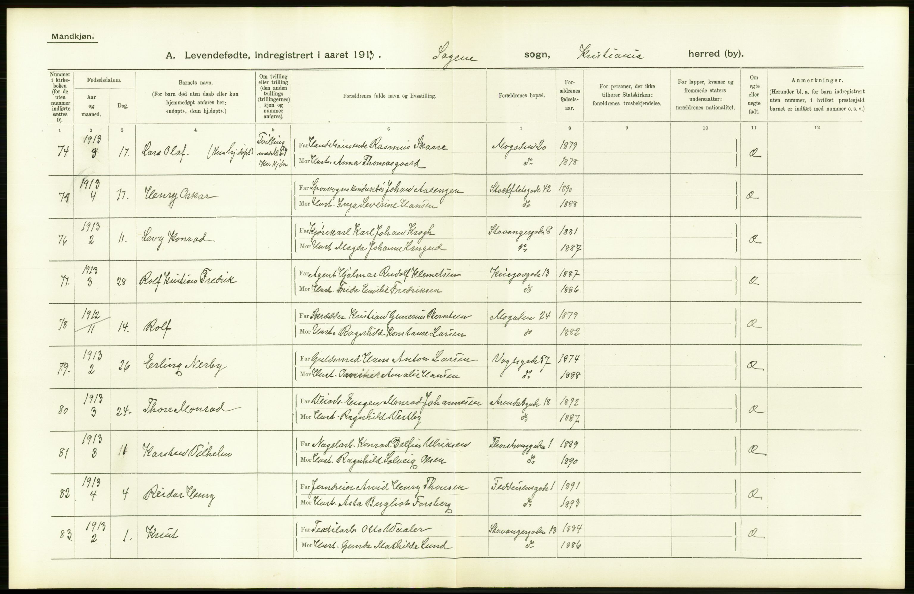 Statistisk sentralbyrå, Sosiodemografiske emner, Befolkning, AV/RA-S-2228/D/Df/Dfb/Dfbc/L0006: Kristiania: Levendefødte menn og kvinner., 1913, p. 46