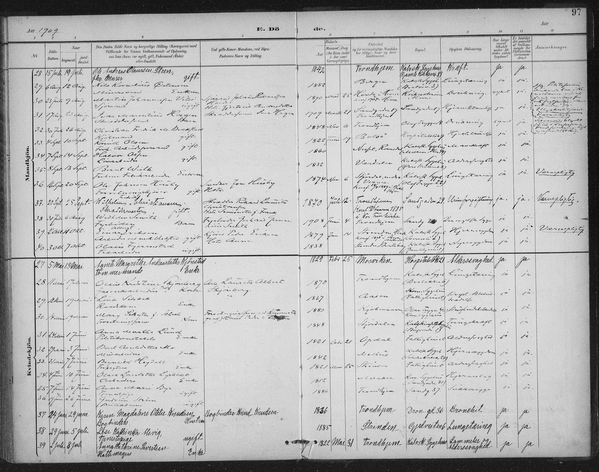 Ministerialprotokoller, klokkerbøker og fødselsregistre - Sør-Trøndelag, SAT/A-1456/602/L0123: Parish register (official) no. 602A21, 1895-1910, p. 97