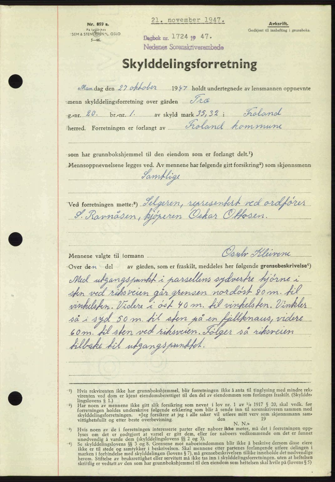 Nedenes sorenskriveri, AV/SAK-1221-0006/G/Gb/Gba/L0058: Mortgage book no. A10, 1947-1948, Diary no: : 1724/1947