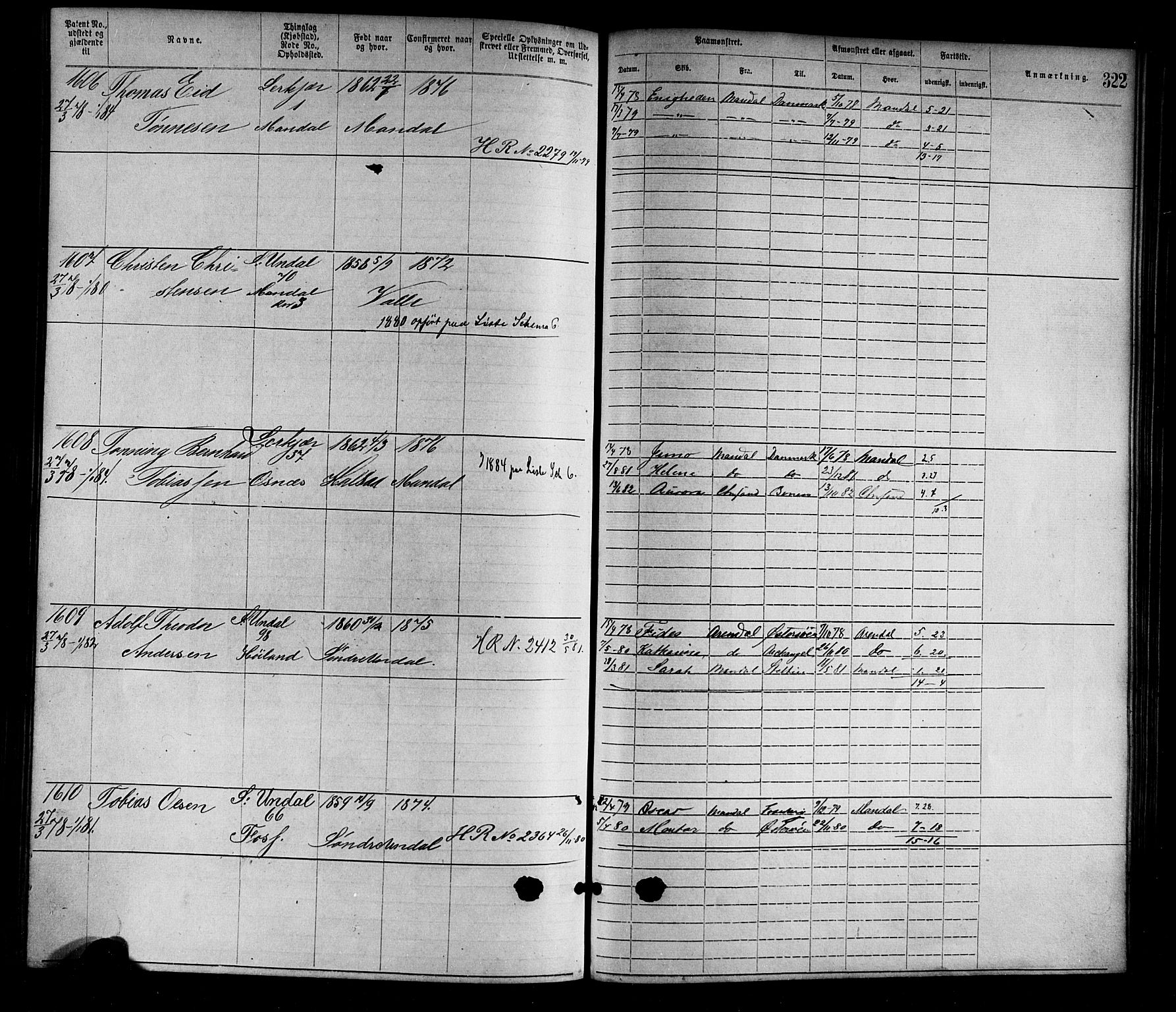 Mandal mønstringskrets, SAK/2031-0016/F/Fa/L0001: Annotasjonsrulle nr 1-1920 med register, L-3, 1869-1881, p. 360