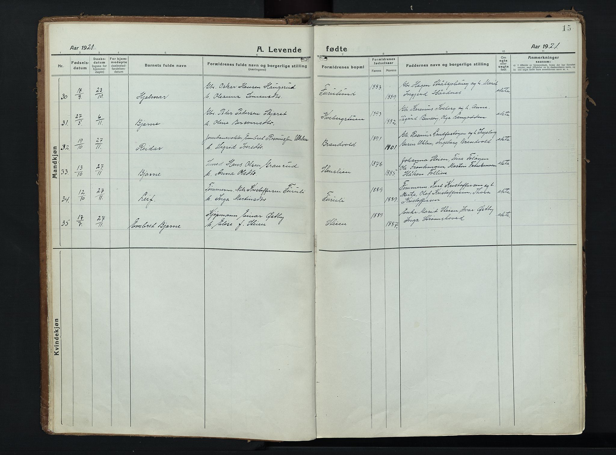 Alvdal prestekontor, SAH/PREST-060/H/Ha/Haa/L0006: Parish register (official) no. 6, 1920-1937, p. 15