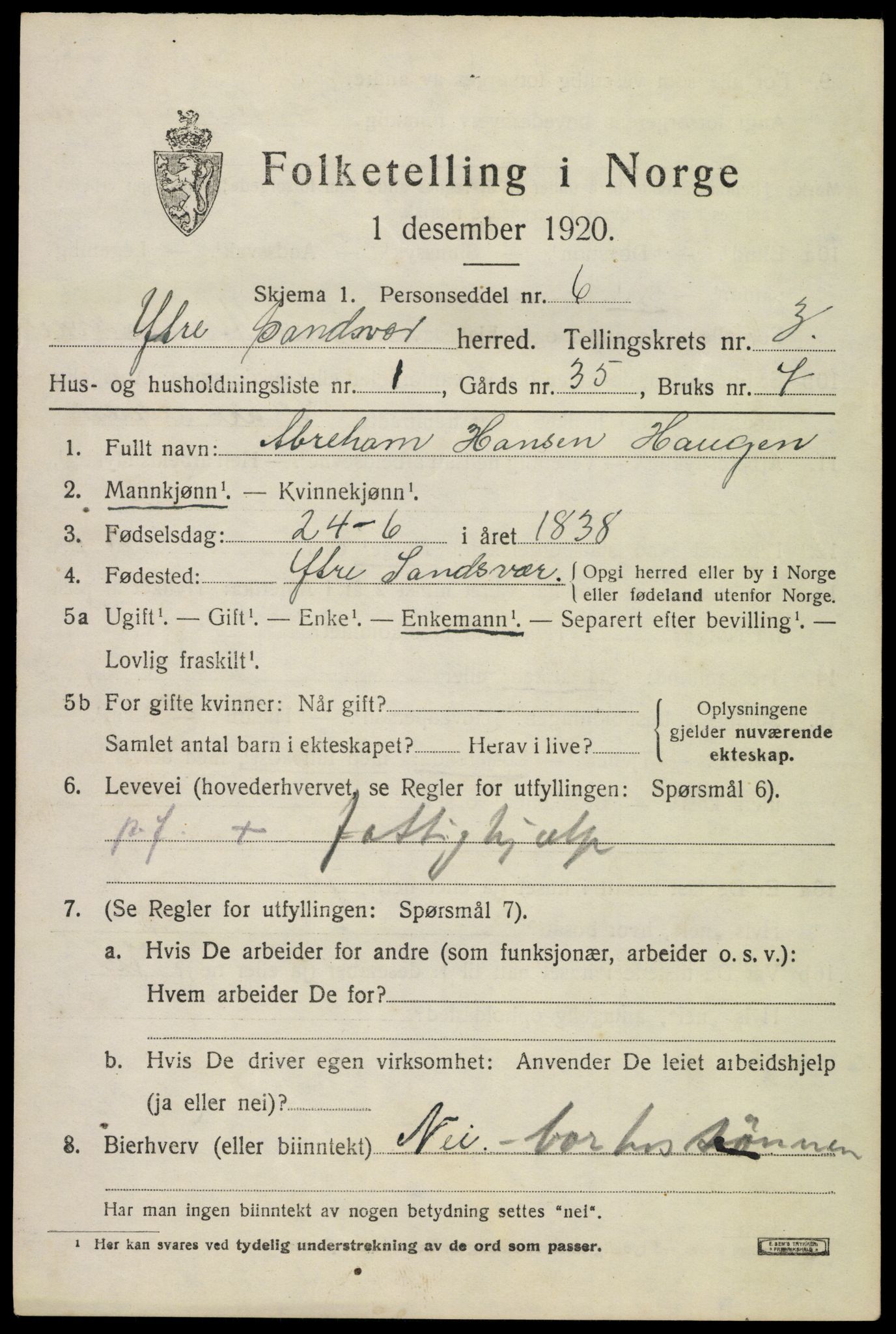 SAKO, 1920 census for Ytre Sandsvær, 1920, p. 3702