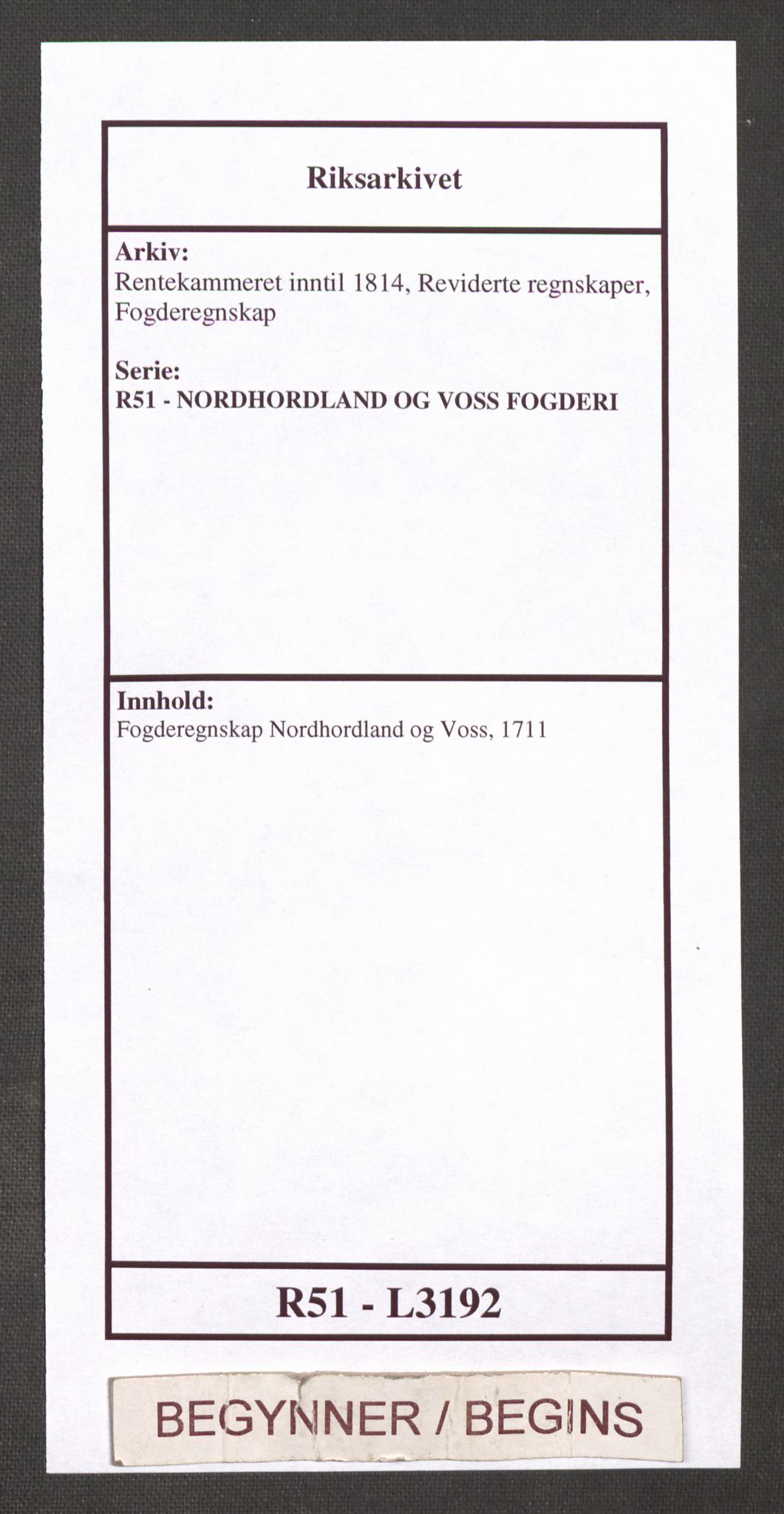 Rentekammeret inntil 1814, Reviderte regnskaper, Fogderegnskap, RA/EA-4092/R51/L3192: Fogderegnskap Nordhordland og Voss, 1711, p. 1