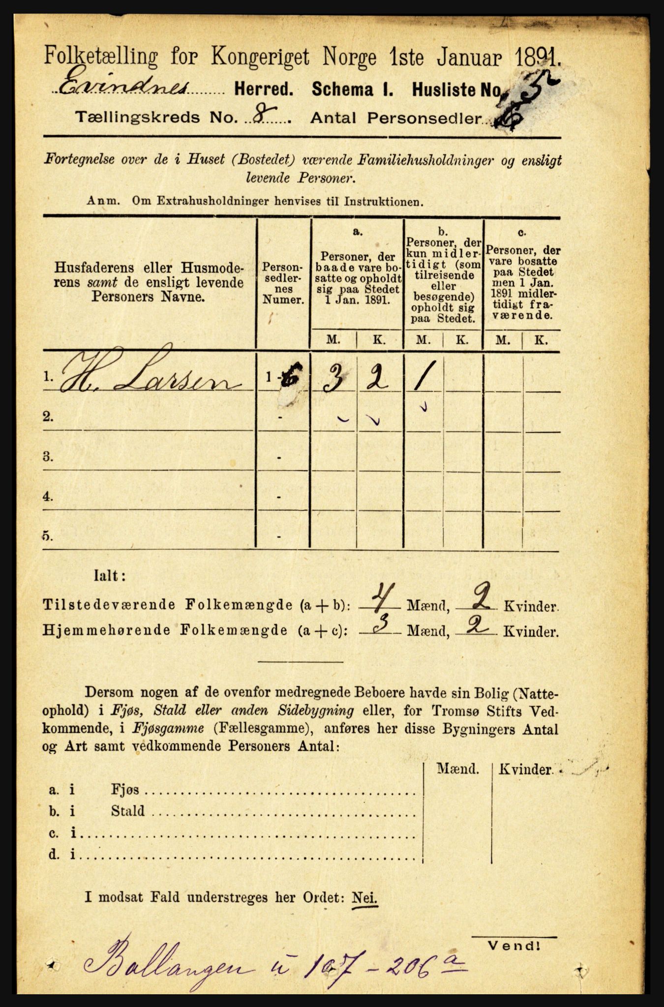 RA, 1891 census for 1853 Evenes, 1891, p. 2478