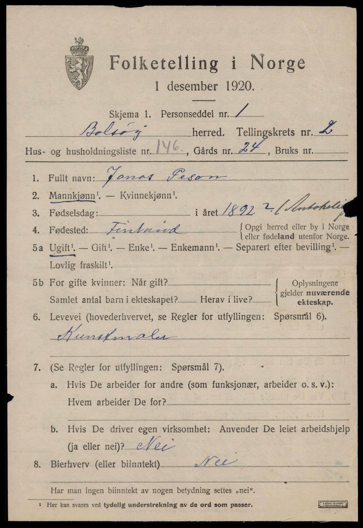 SAT, 1920 census for Bolsøy, 1920, p. 5333