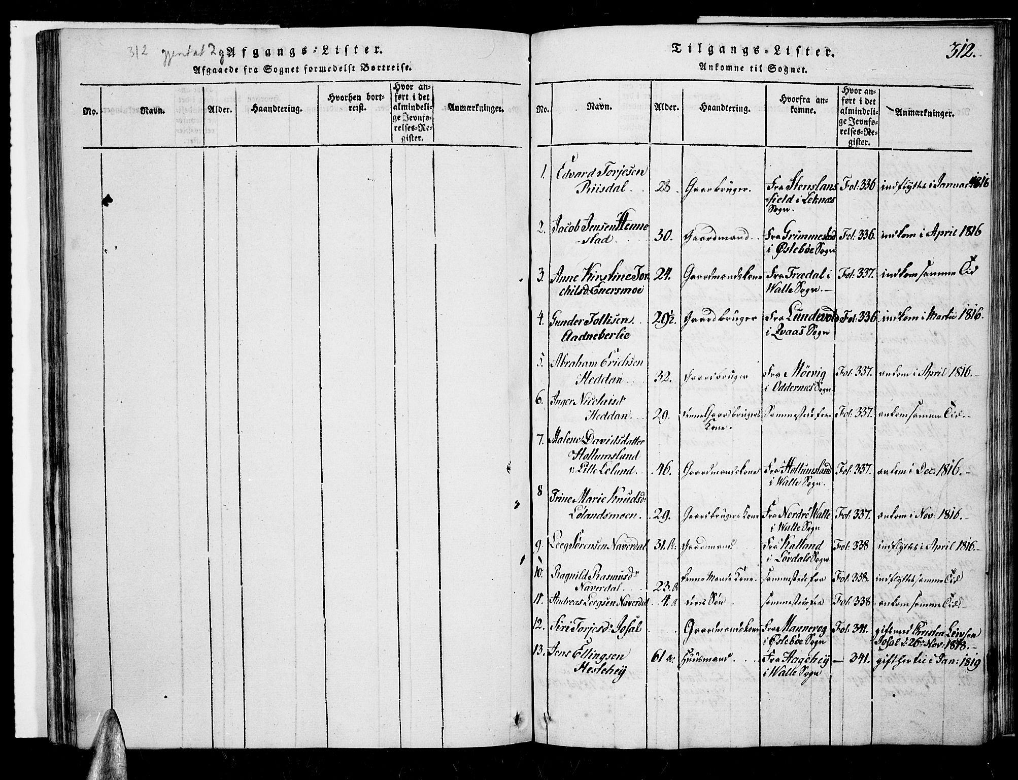 Nord-Audnedal sokneprestkontor, SAK/1111-0032/F/Fa/Fab/L0001: Parish register (official) no. A 1, 1816-1858, p. 312