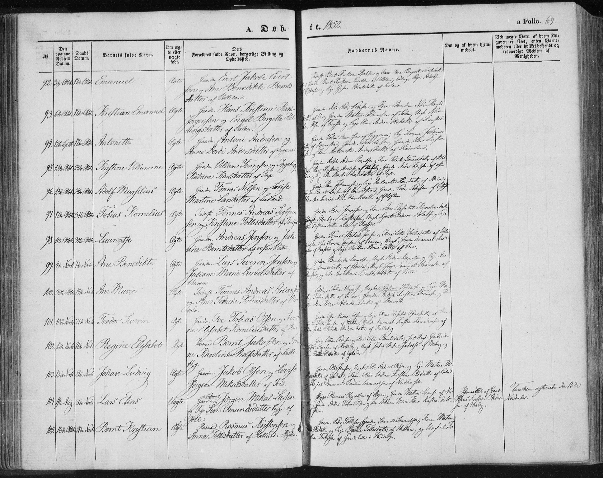 Lista sokneprestkontor, AV/SAK-1111-0027/F/Fa/L0010: Parish register (official) no. A 10, 1846-1861, p. 69