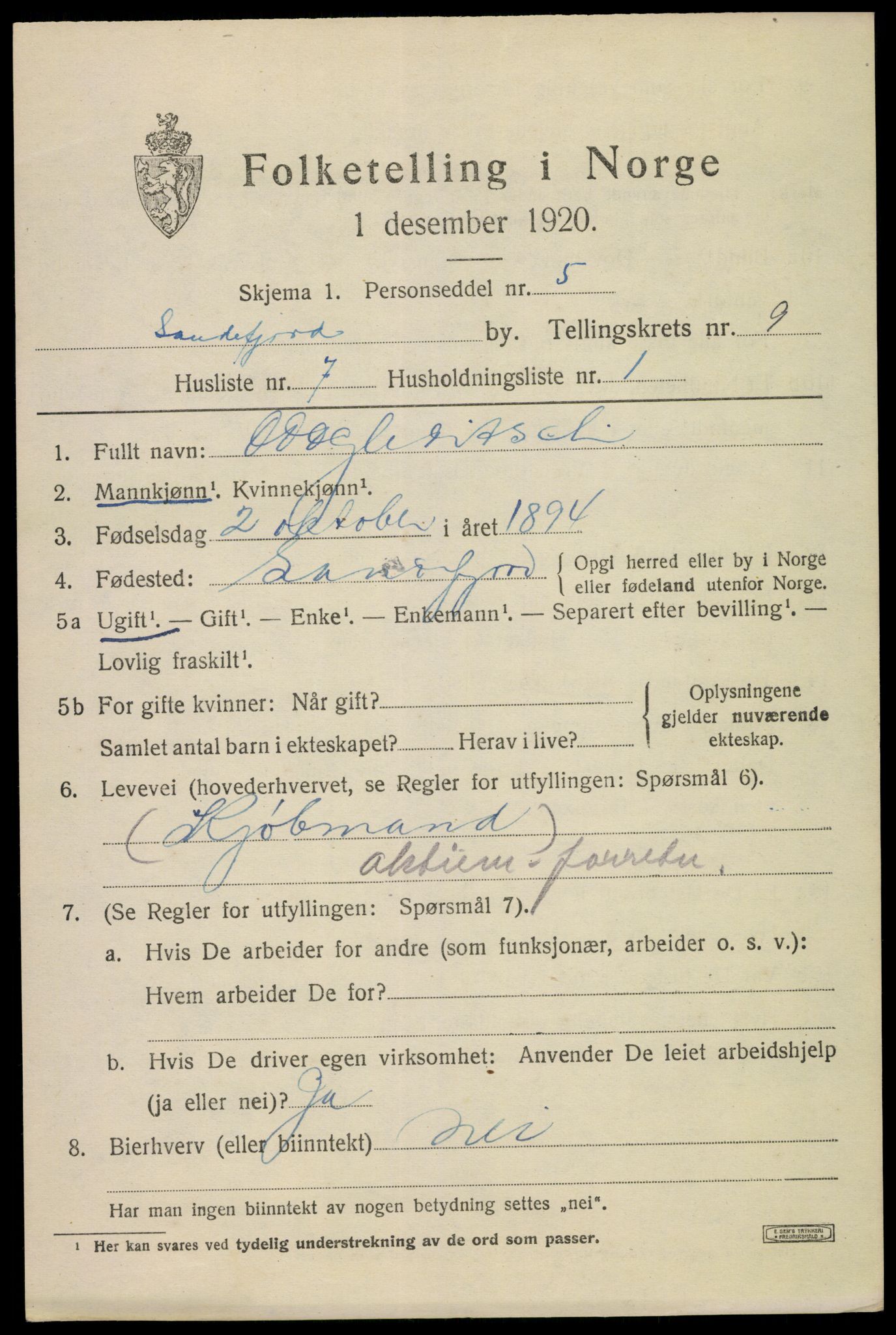 SAKO, 1920 census for Sandefjord, 1920, p. 12742