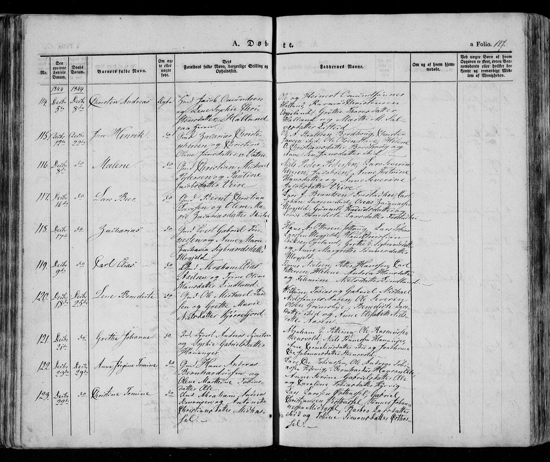 Lista sokneprestkontor, AV/SAK-1111-0027/F/Fa/L0009: Parish register (official) no. A 9, 1835-1846, p. 127