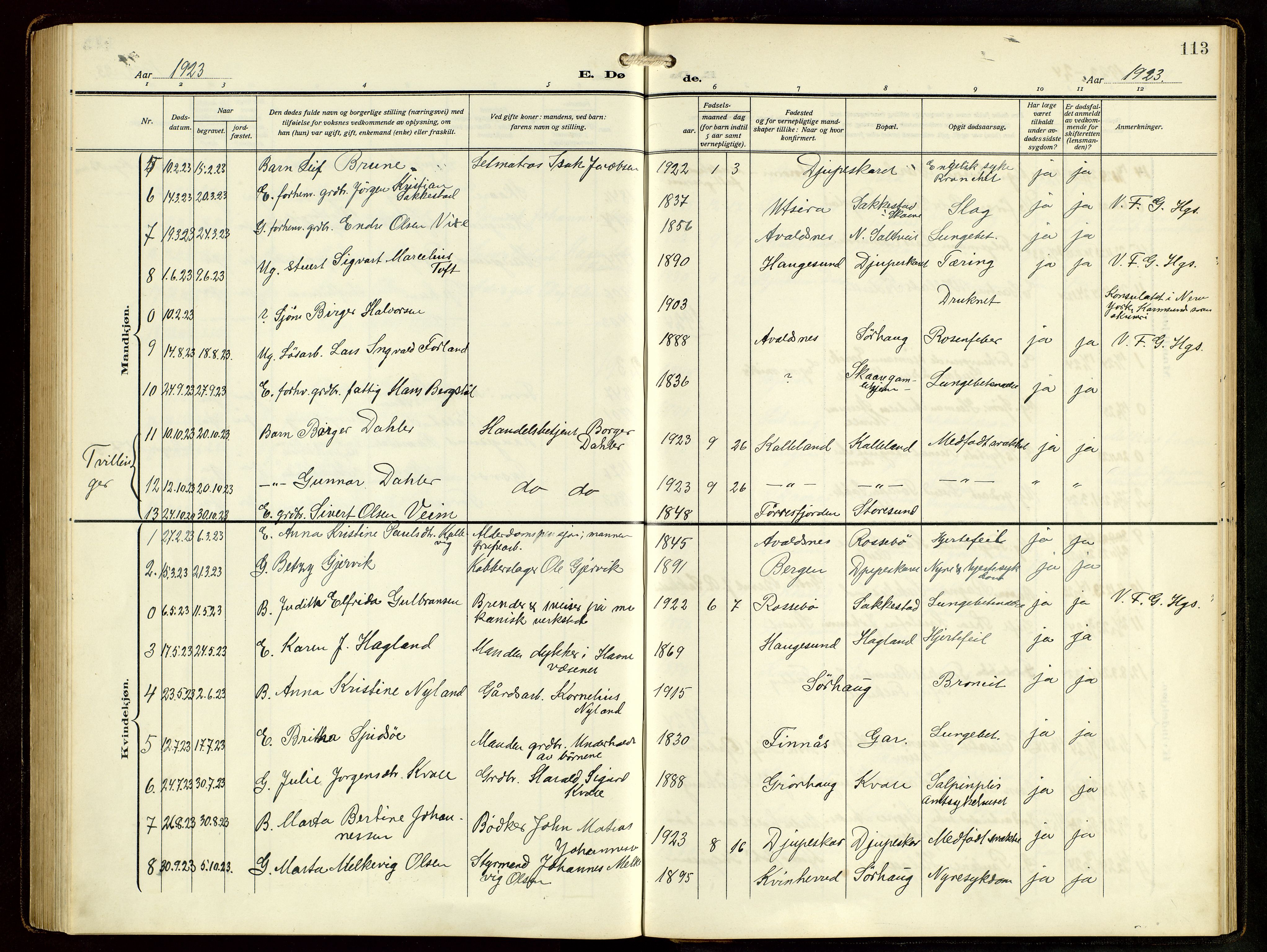 Haugesund sokneprestkontor, AV/SAST-A -101863/H/Ha/Hab/L0006: Parish register (copy) no. B 9, 1909-1951, p. 113