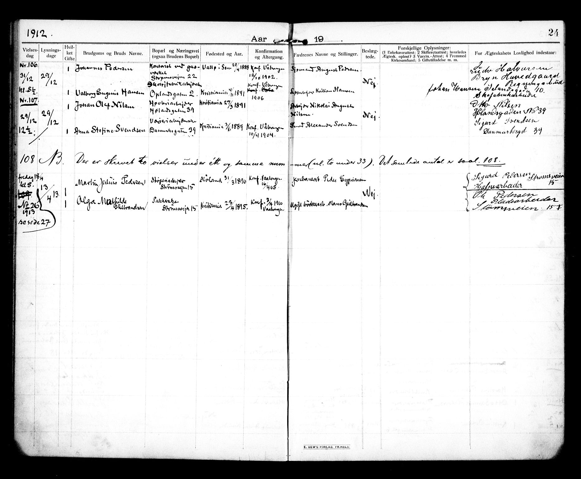 Vålerengen prestekontor Kirkebøker, SAO/A-10878/H/Ha/L0002: Banns register no. 2, 1910-1918, p. 24