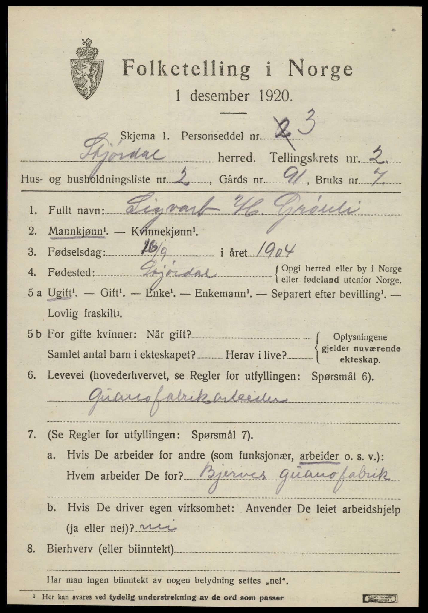 SAT, 1920 census for Stjørdal, 1920, p. 1896