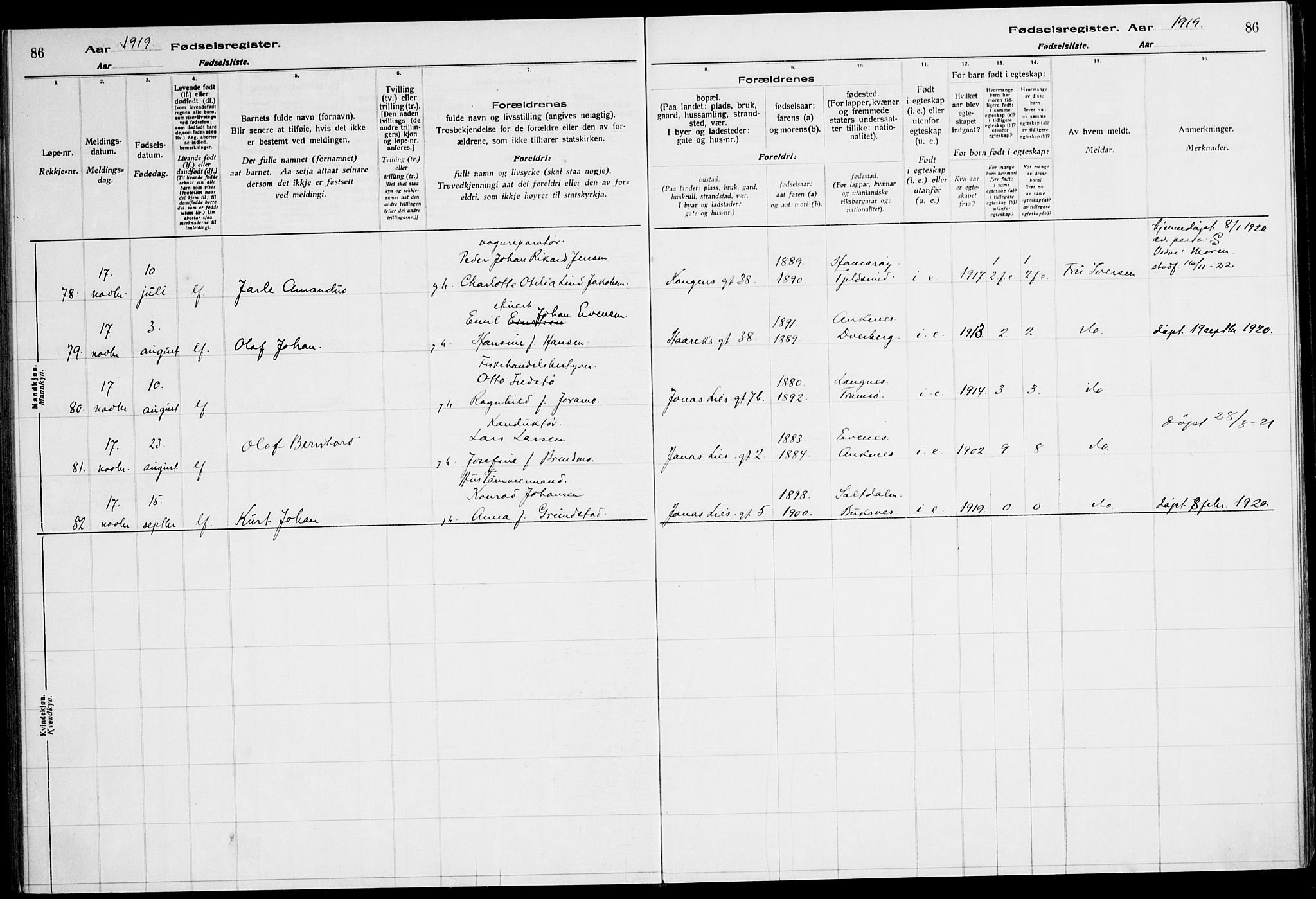 Ministerialprotokoller, klokkerbøker og fødselsregistre - Nordland, AV/SAT-A-1459/871/L1013: Birth register no. 871.II.4.1, 1916-1924, p. 86