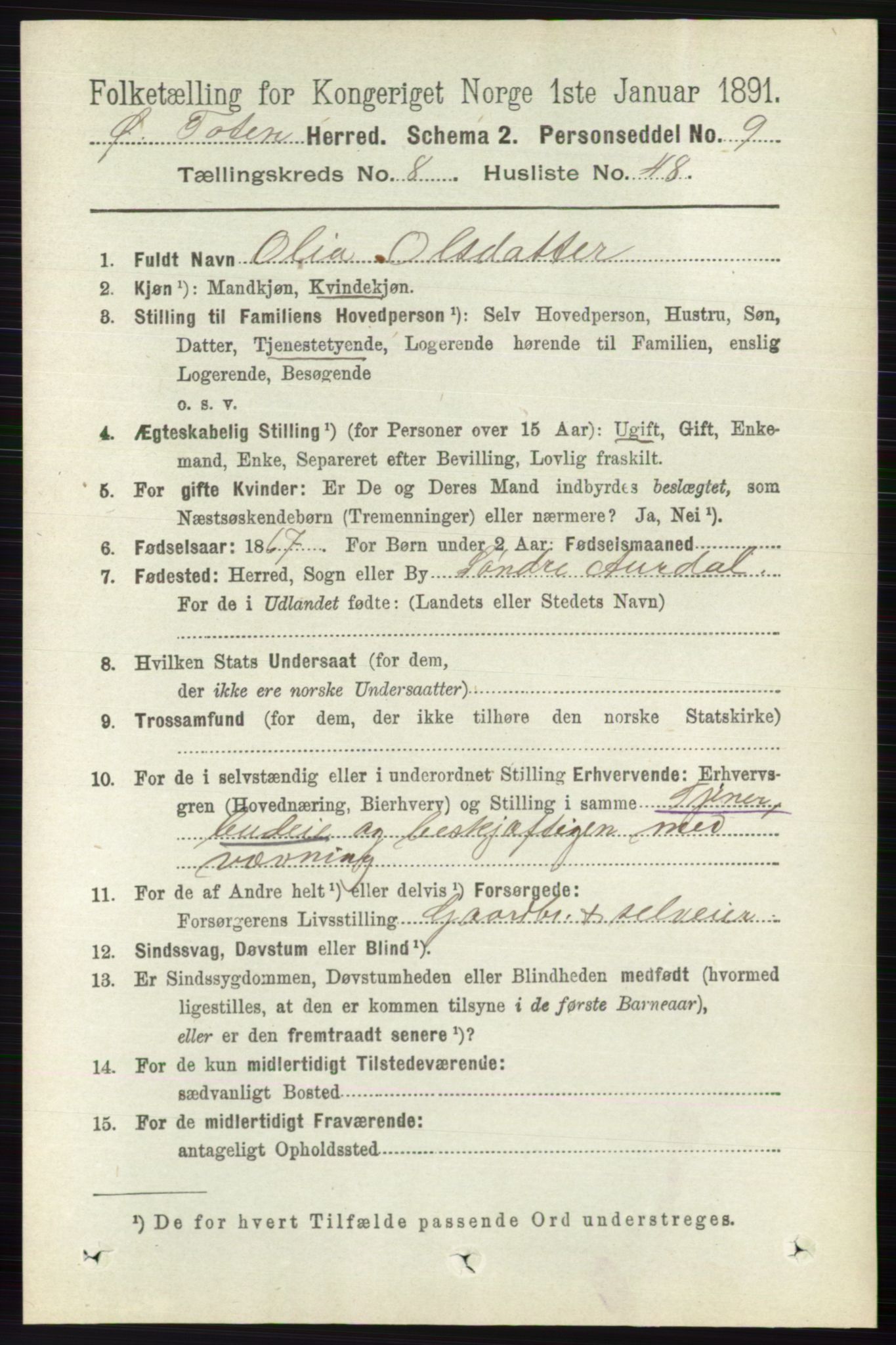 RA, 1891 census for 0528 Østre Toten, 1891, p. 5300