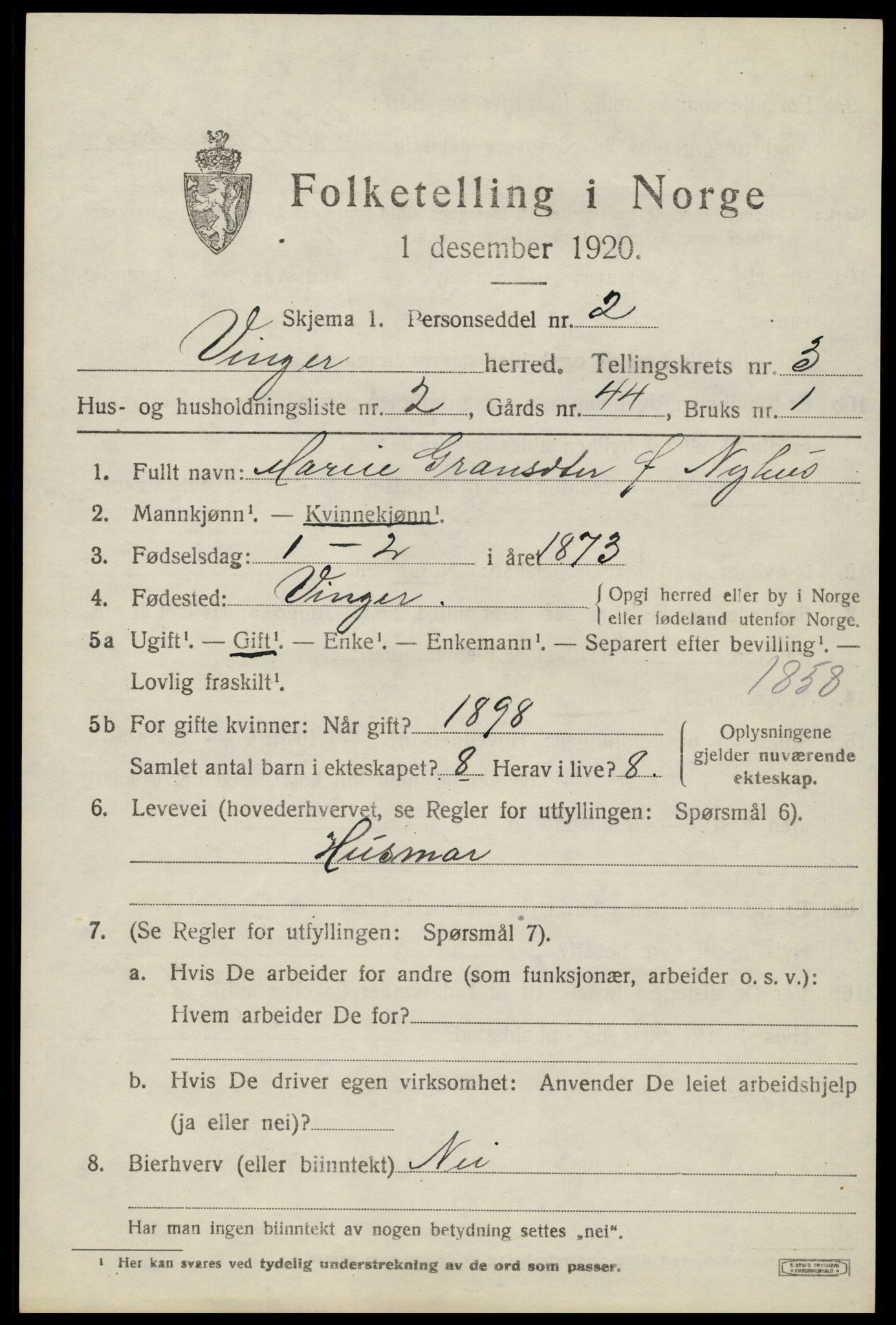 SAH, 1920 census for Vinger, 1920, p. 4568