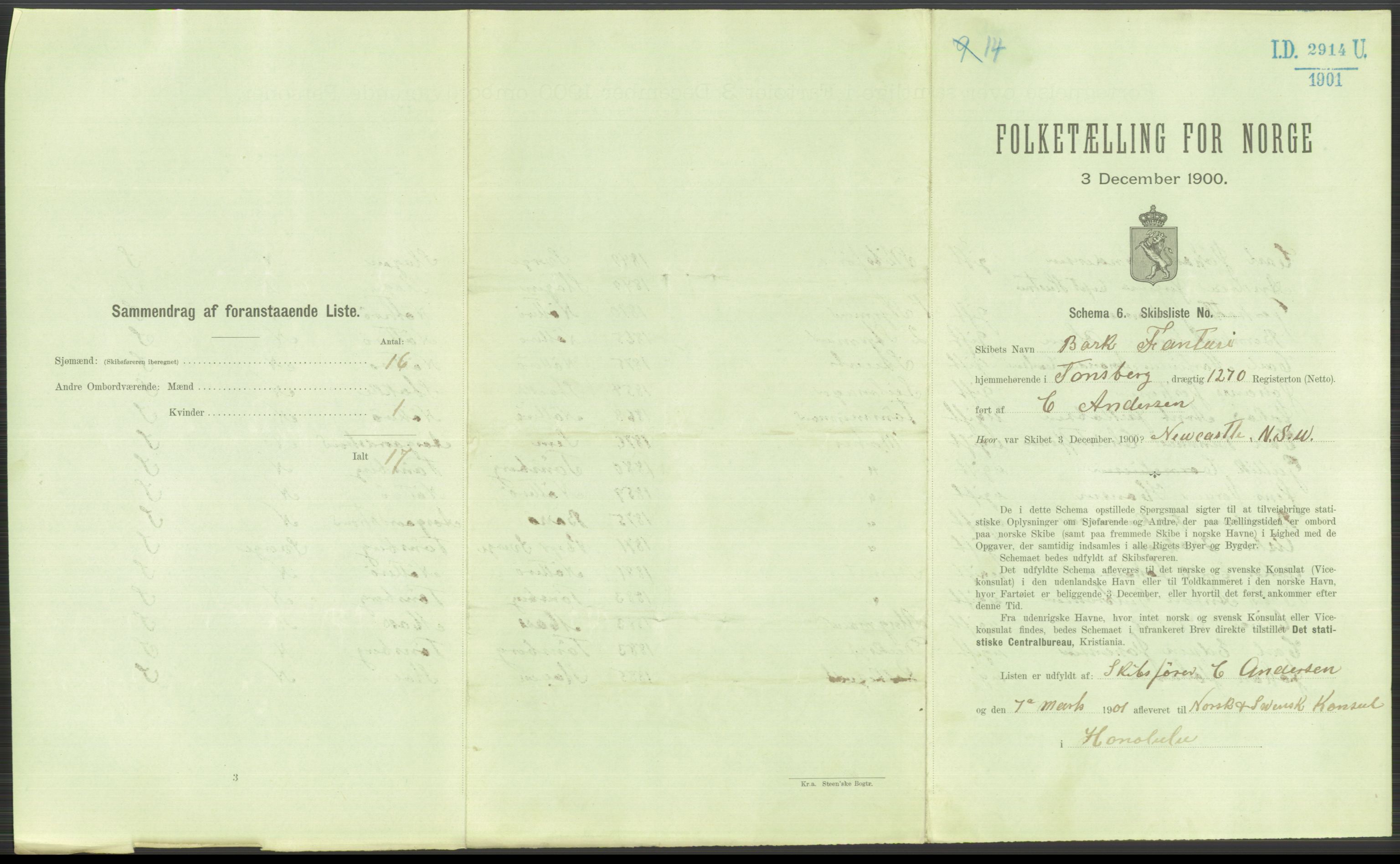 RA, 1900 Census - ship lists from ships in Norwegian harbours, harbours abroad and at sea, 1900, p. 5025