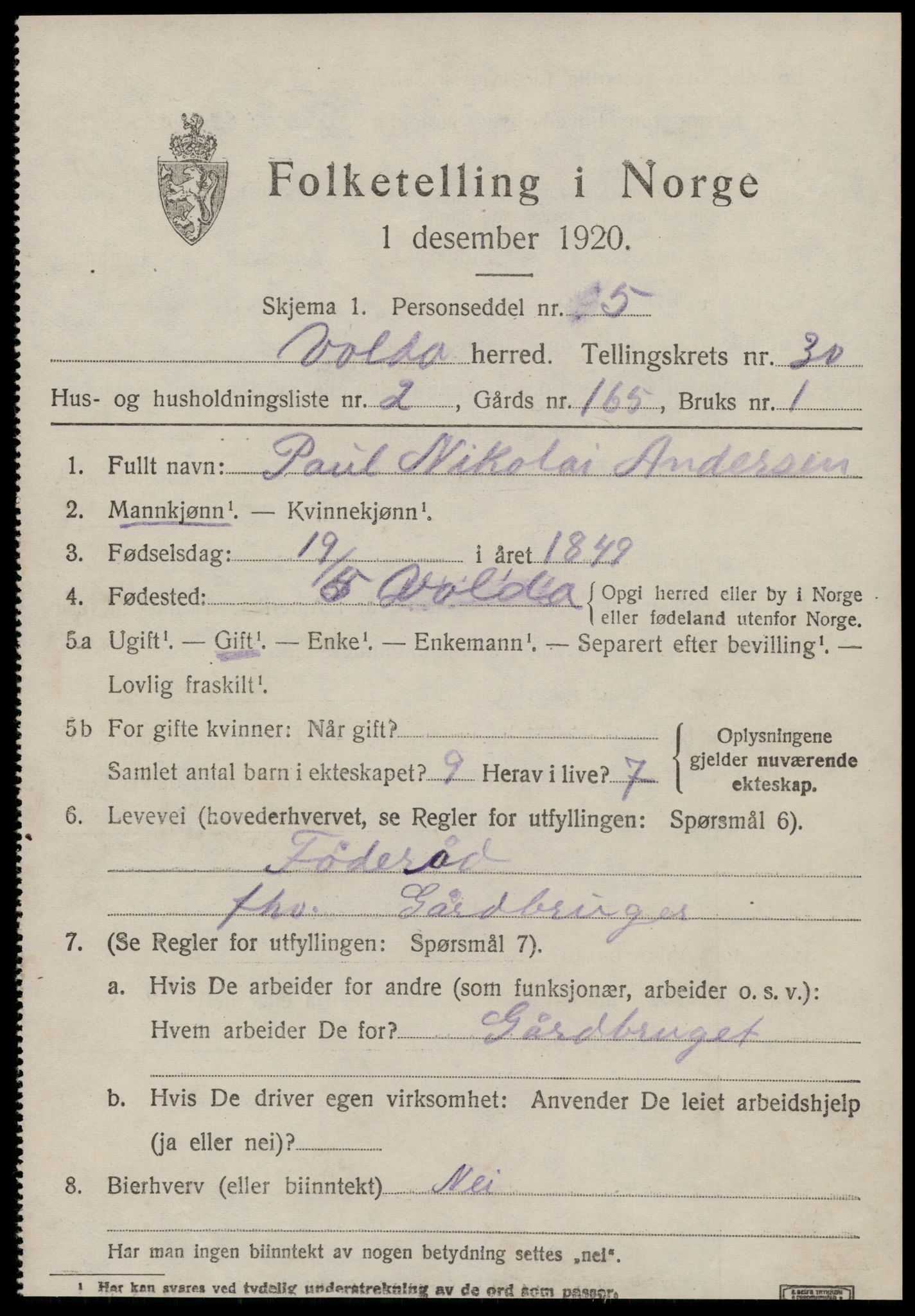 SAT, 1920 census for Volda, 1920, p. 13608