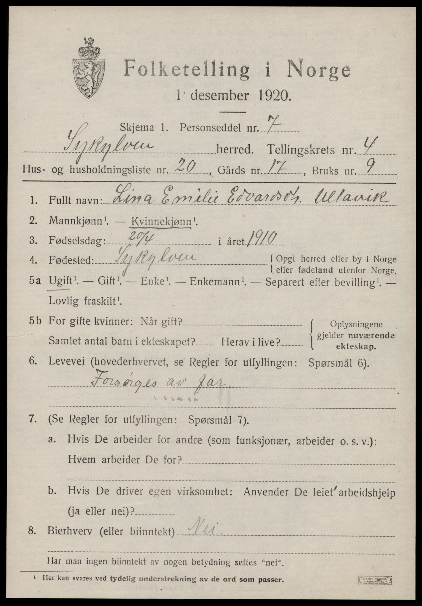 SAT, 1920 census for Sykkylven, 1920, p. 3049