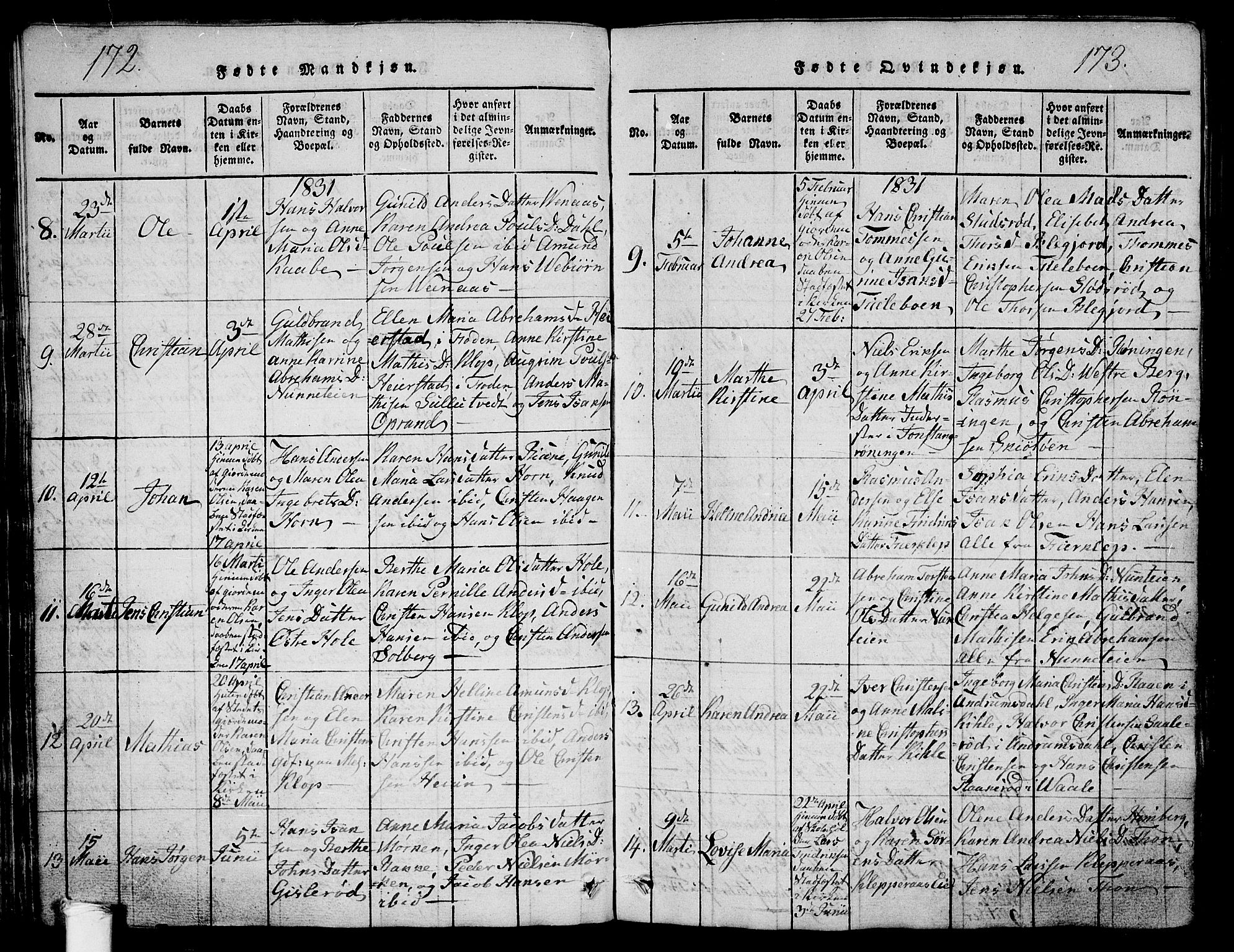 Ramnes kirkebøker, AV/SAKO-A-314/G/Ga/L0001: Parish register (copy) no. I 1, 1813-1847, p. 172-173