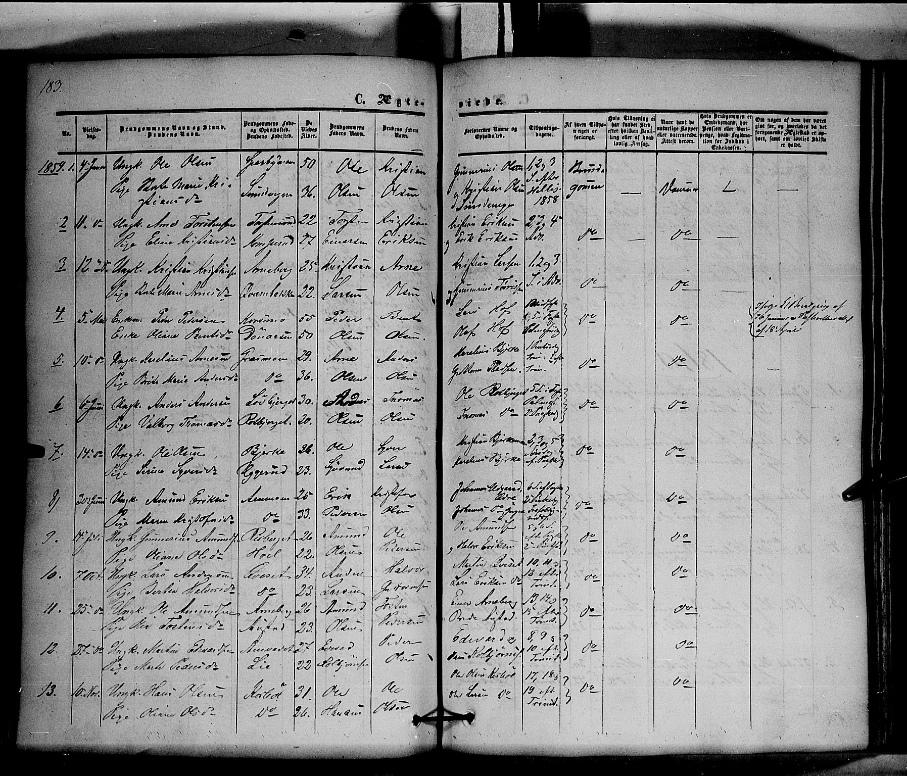 Hof prestekontor, SAH/PREST-038/H/Ha/Haa/L0008: Parish register (official) no. 8, 1849-1861, p. 183